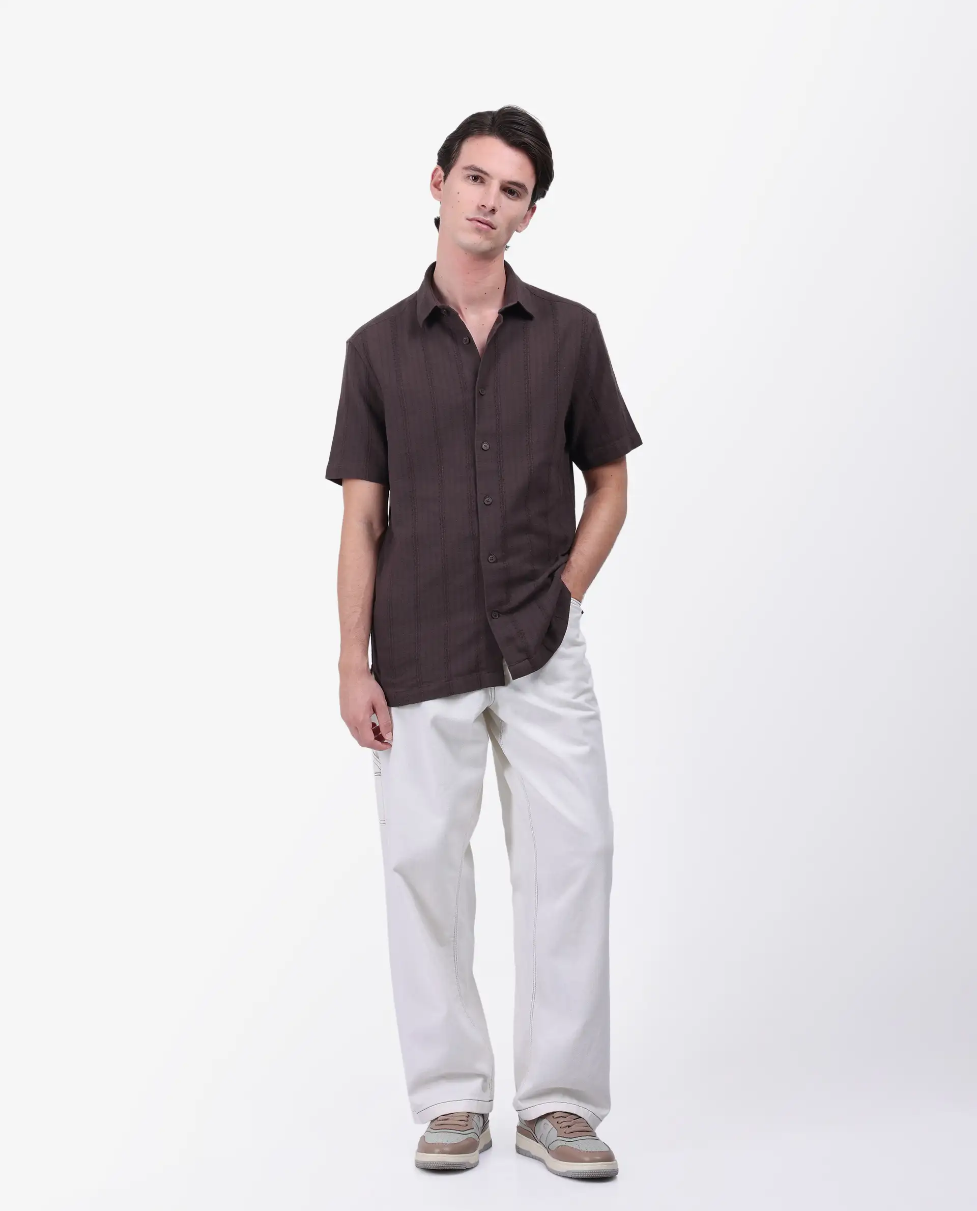 Rare Rabbit Men's Zolt Brown Cotton Striped Print Regular Fit Half Sleeve Collared Shirt - Image 2