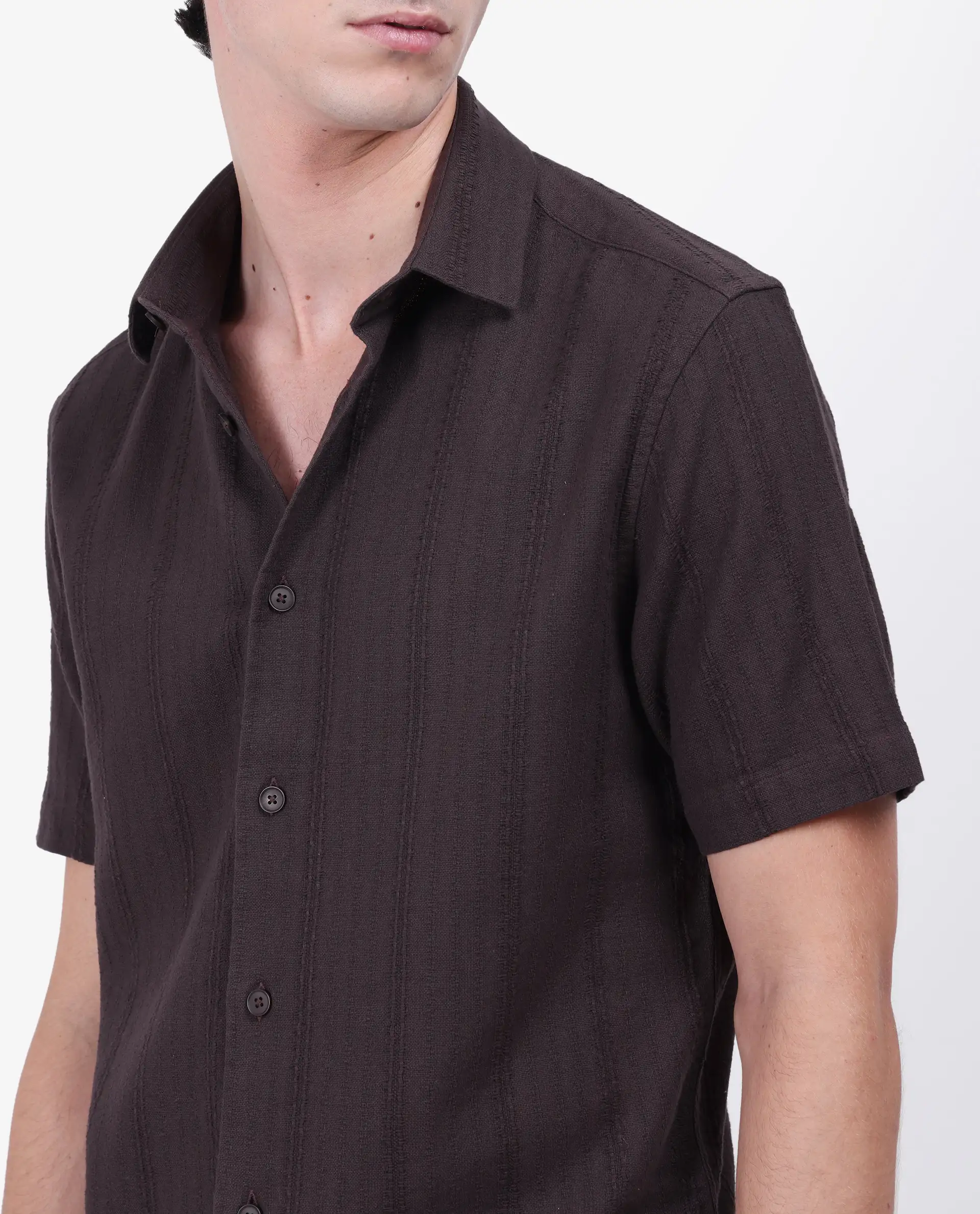 Rare Rabbit Men's Zolt Brown Cotton Striped Print Regular Fit Half Sleeve Collared Shirt - Image 3