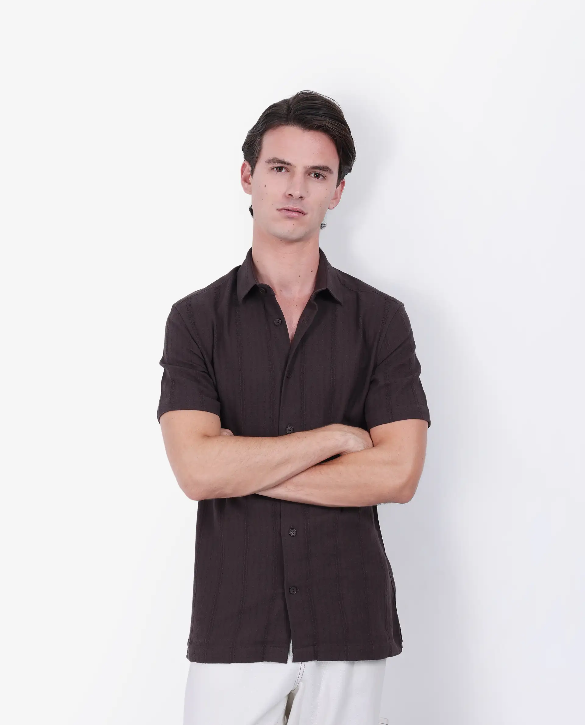 Rare Rabbit Men's Zolt Brown Cotton Striped Print Regular Fit Half Sleeve Collared Shirt - Image 4