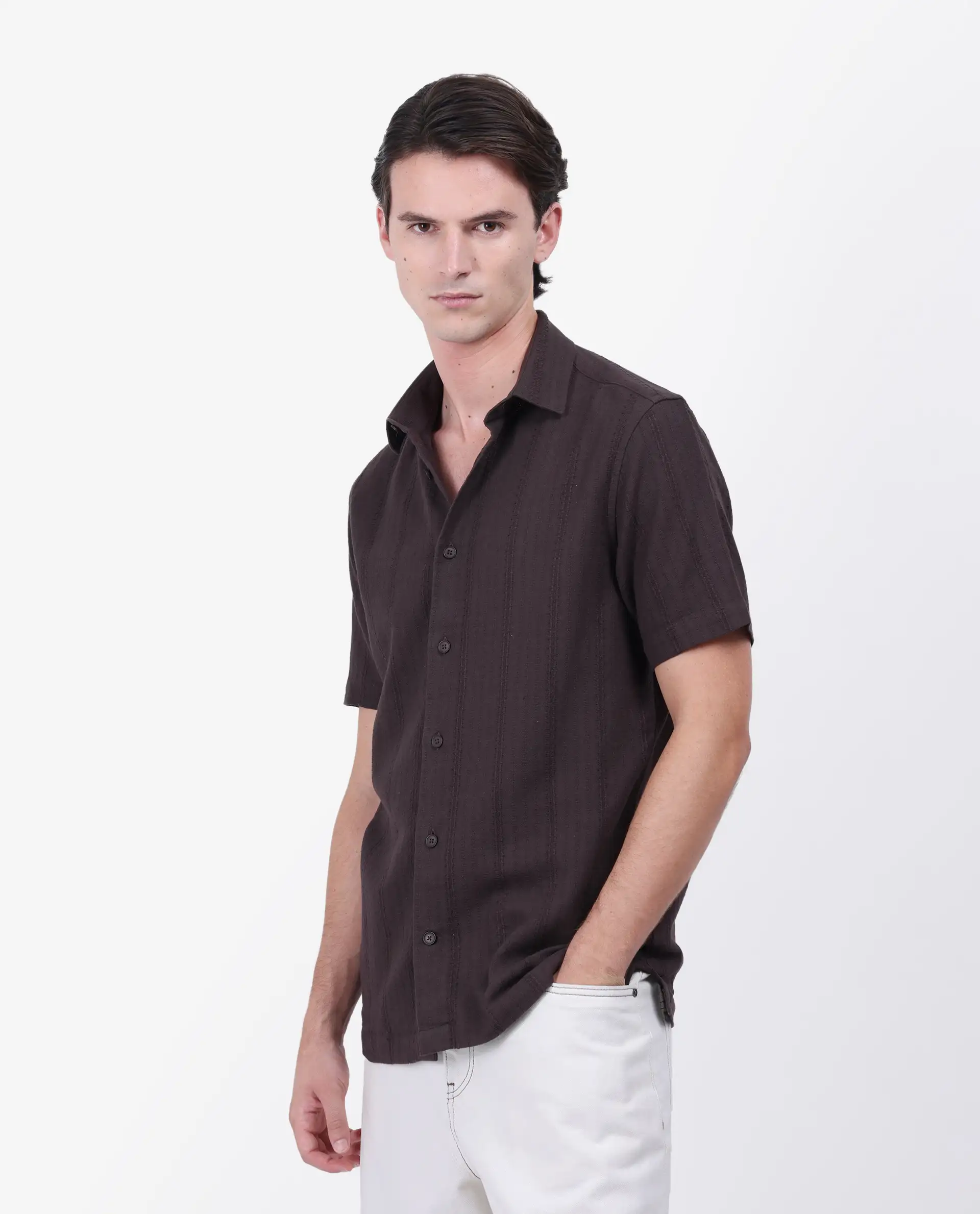 Rare Rabbit Men's Zolt Brown Cotton Striped Print Regular Fit Half Sleeve Collared Shirt - Image 5