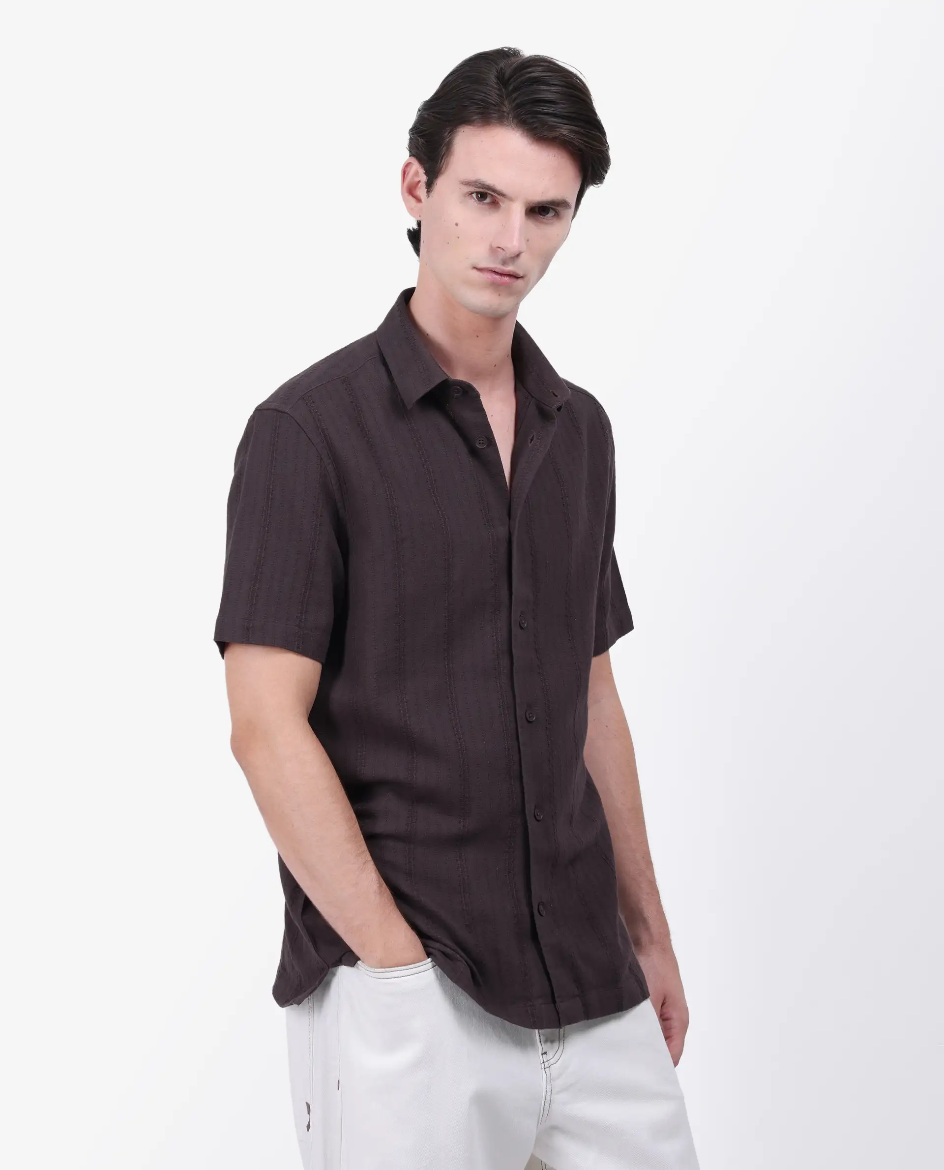 Rare Rabbit Men's Zolt Brown Cotton Striped Print Regular Fit Half Sleeve Collared Shirt - Image 7