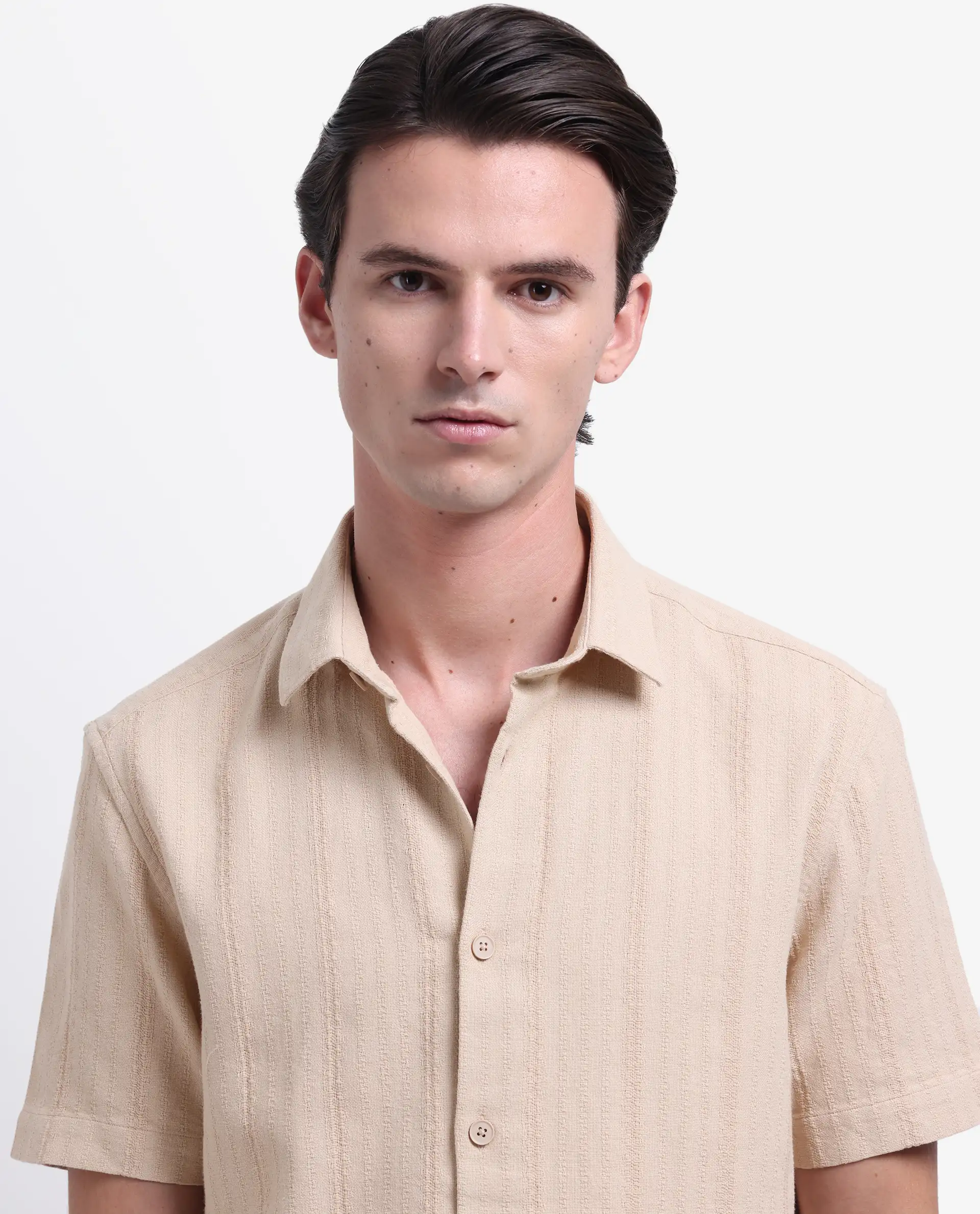 Rare Rabbit Men's Zolt Khaki Cotton Striped Print Regular Fit Half Sleeve Collared Shirt - Image 2