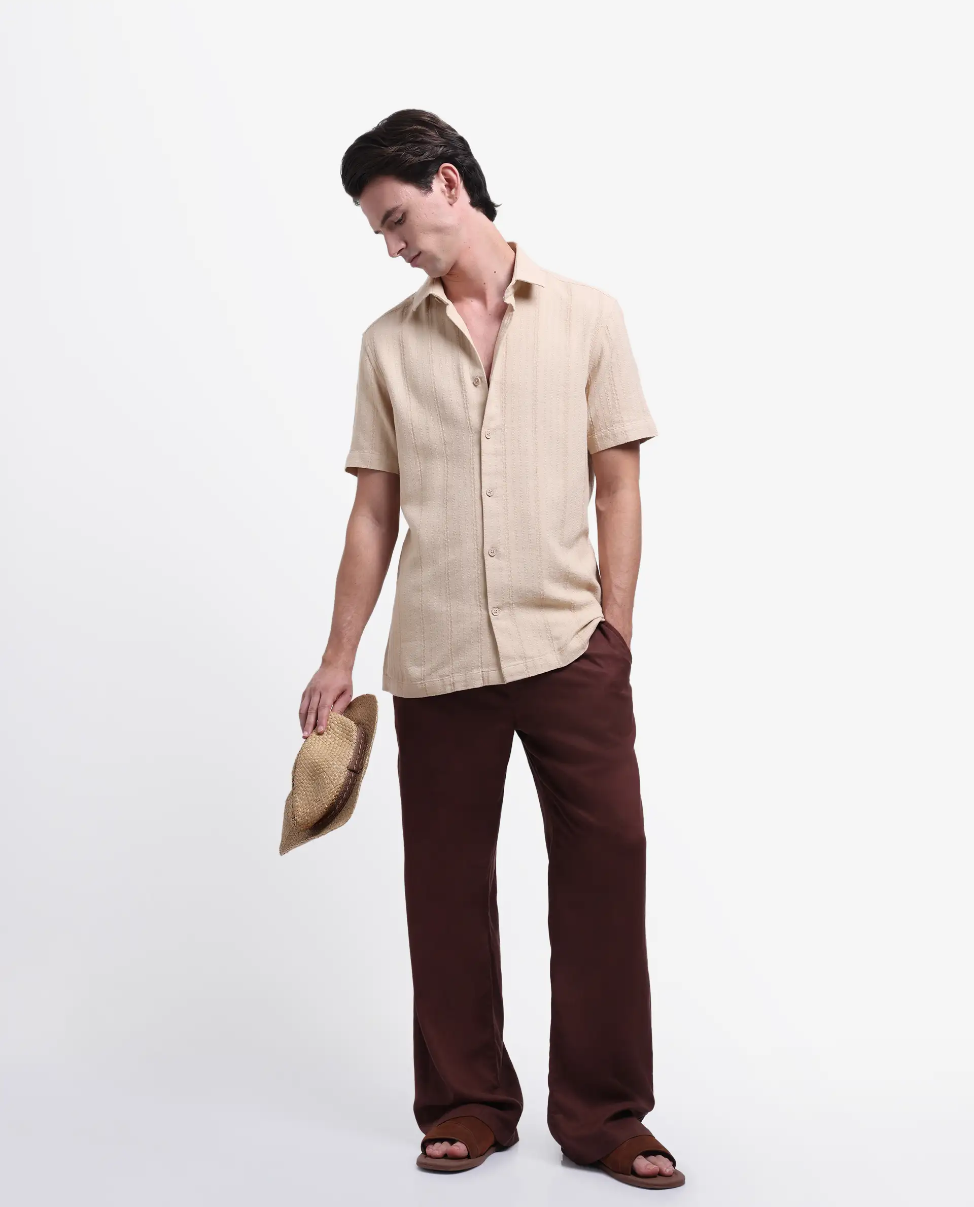 Rare Rabbit Men's Zolt Khaki Cotton Striped Print Regular Fit Half Sleeve Collared Shirt - Image 3