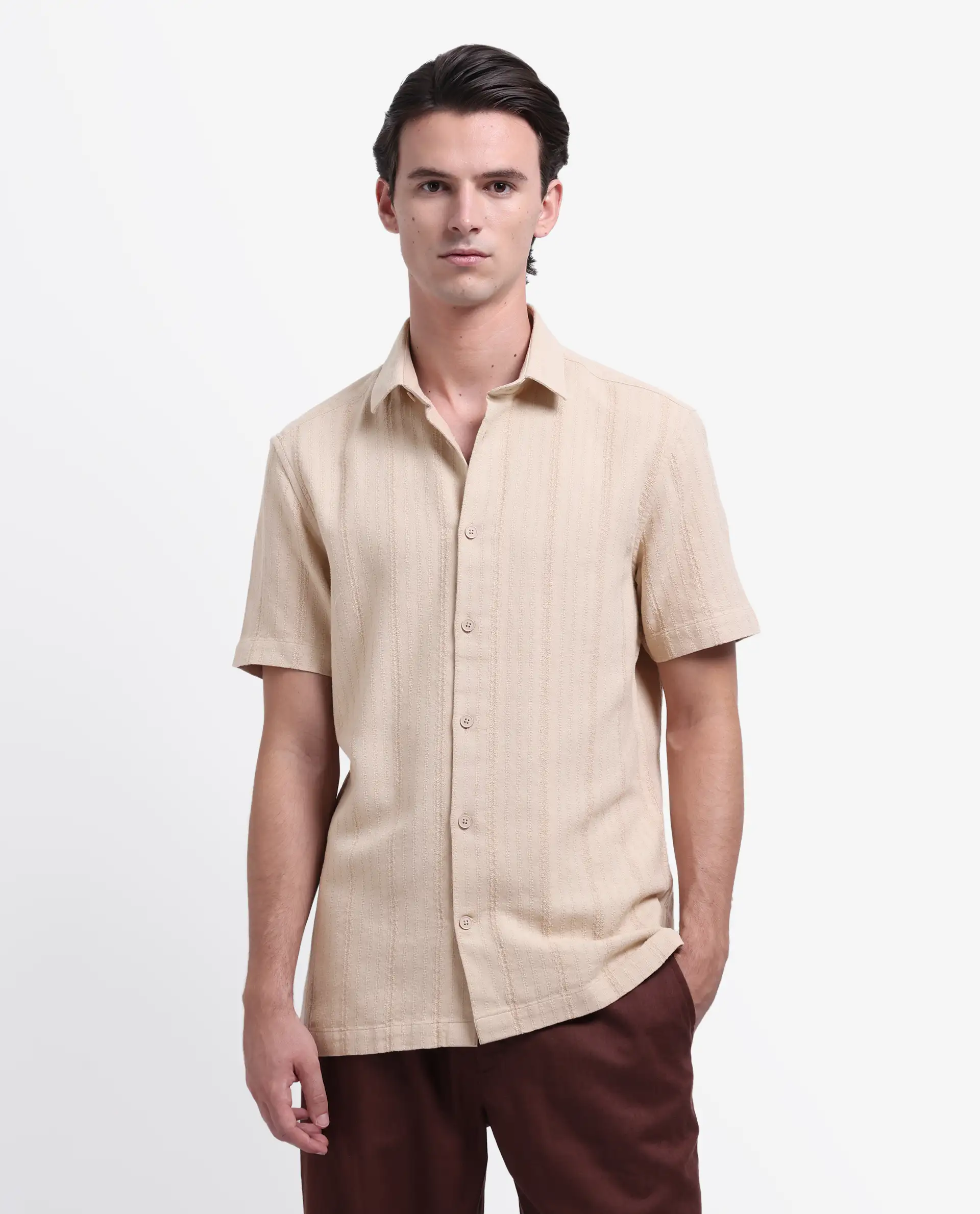Rare Rabbit Men's Zolt Khaki Cotton Striped Print Regular Fit Half Sleeve Collared Shirt - Image 4