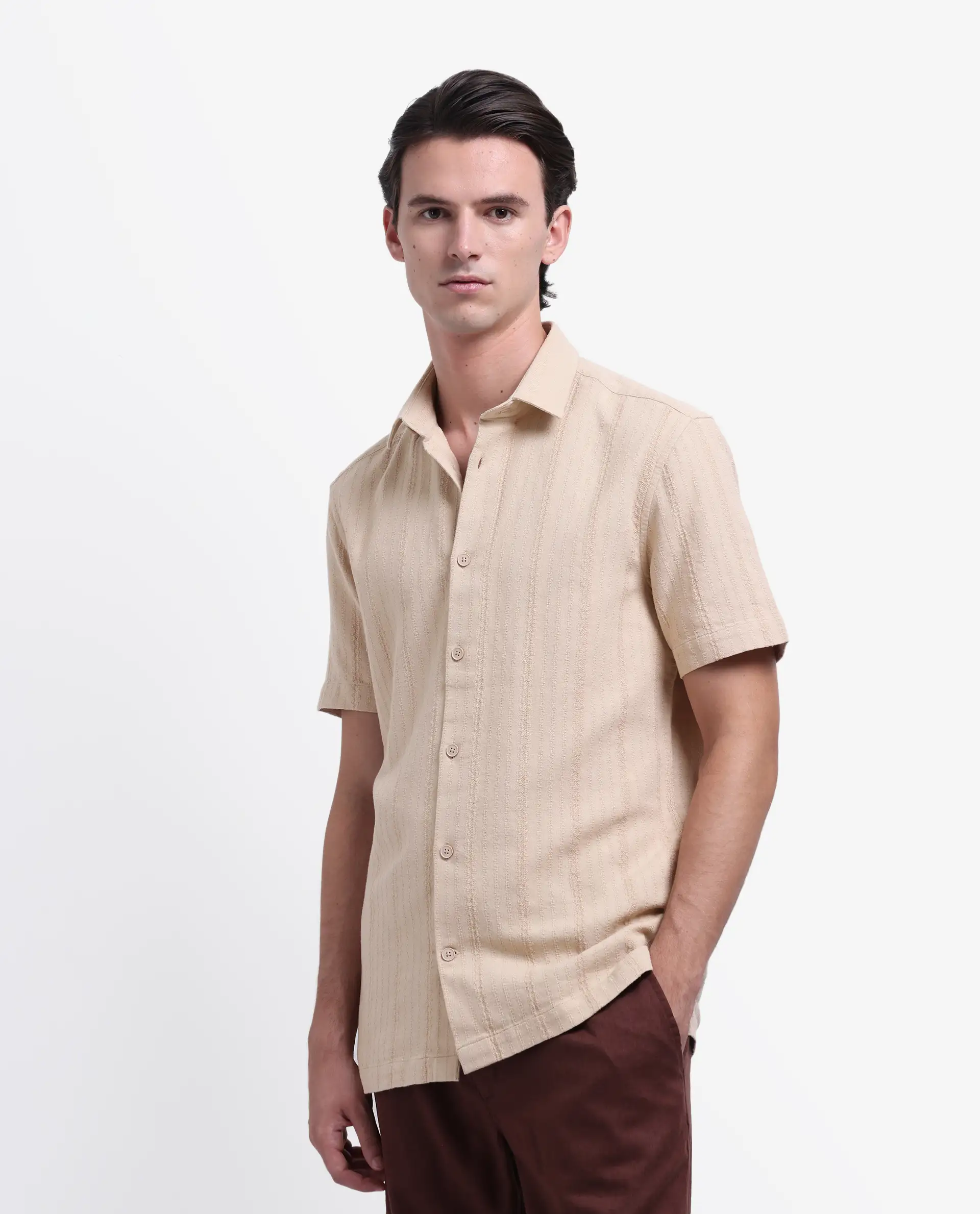 Rare Rabbit Men's Zolt Khaki Cotton Striped Print Regular Fit Half Sleeve Collared Shirt - Image 5