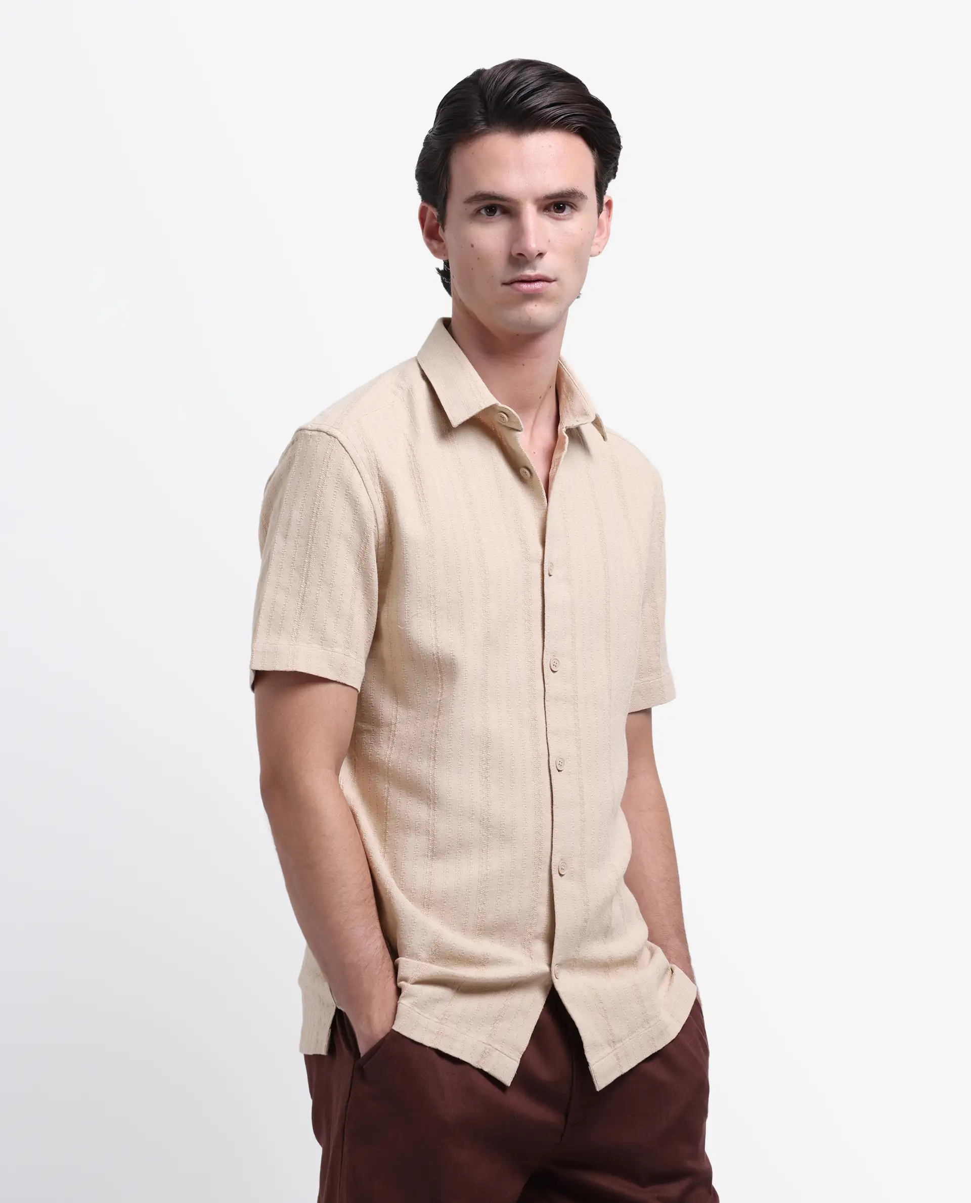 Rare Rabbit Men's Zolt Khaki Cotton Striped Print Regular Fit Half Sleeve Collared Shirt - Image 6