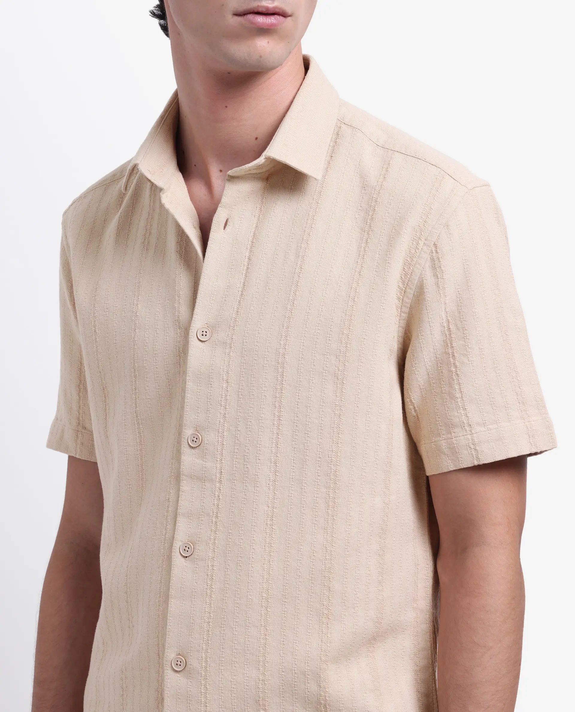 Rare Rabbit Men's Zolt Khaki Cotton Striped Print Regular Fit Half Sleeve Collared Shirt - Image 7