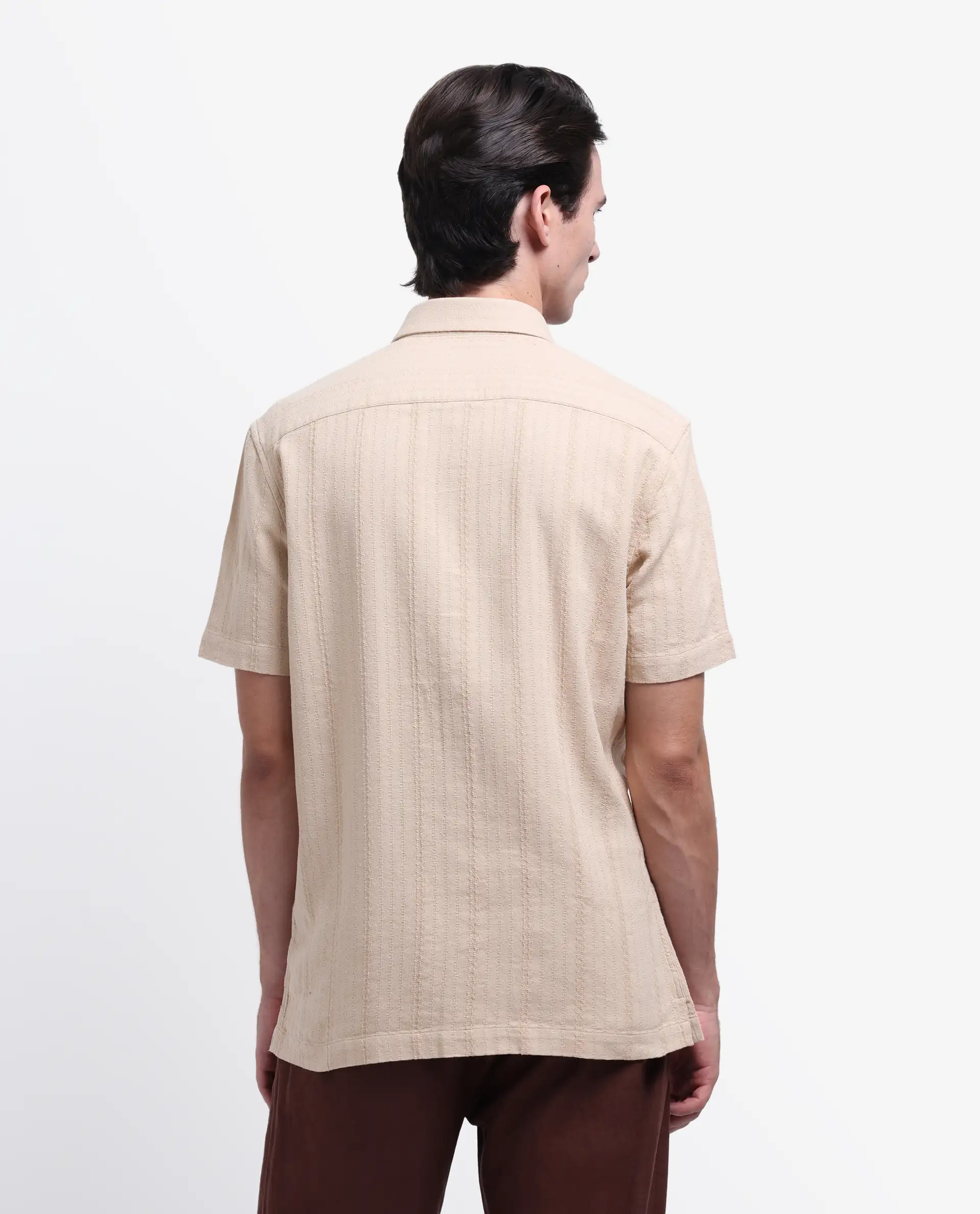 Rare Rabbit Men's Zolt Khaki Cotton Striped Print Regular Fit Half Sleeve Collared Shirt - Image 8