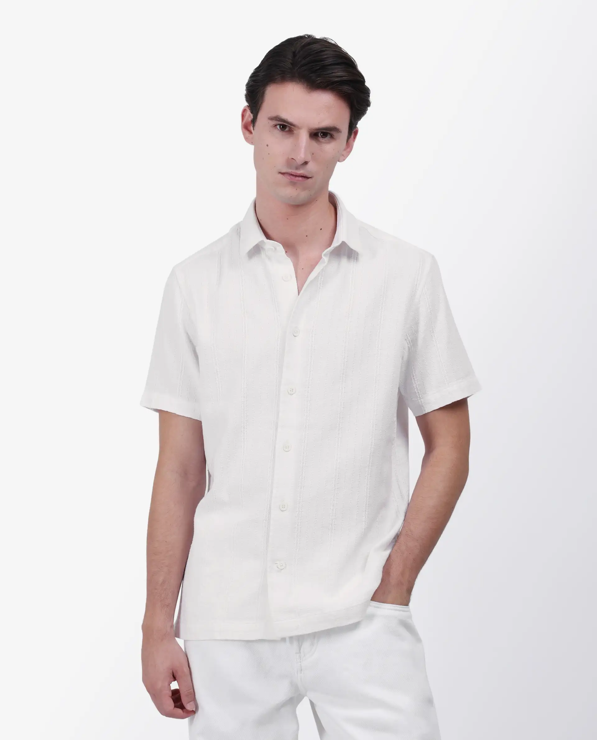 Rare Rabbit Men's Zolt White Cotton Striped Print Regular Fit Half Sleeve Collared Shirt - Image 4