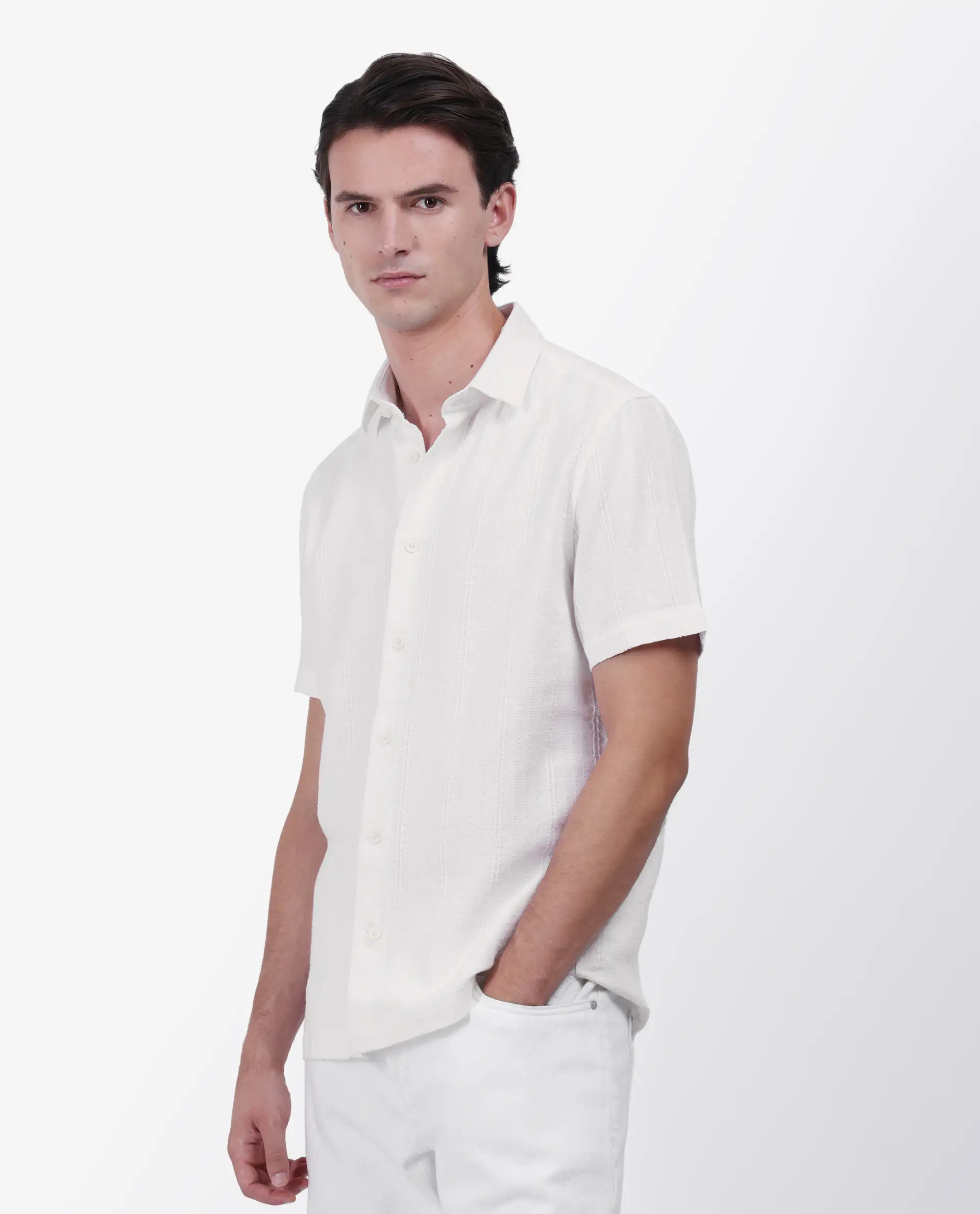 Rare Rabbit Men's Zolt White Cotton Striped Print Regular Fit Half Sleeve Collared Shirt - Image 5