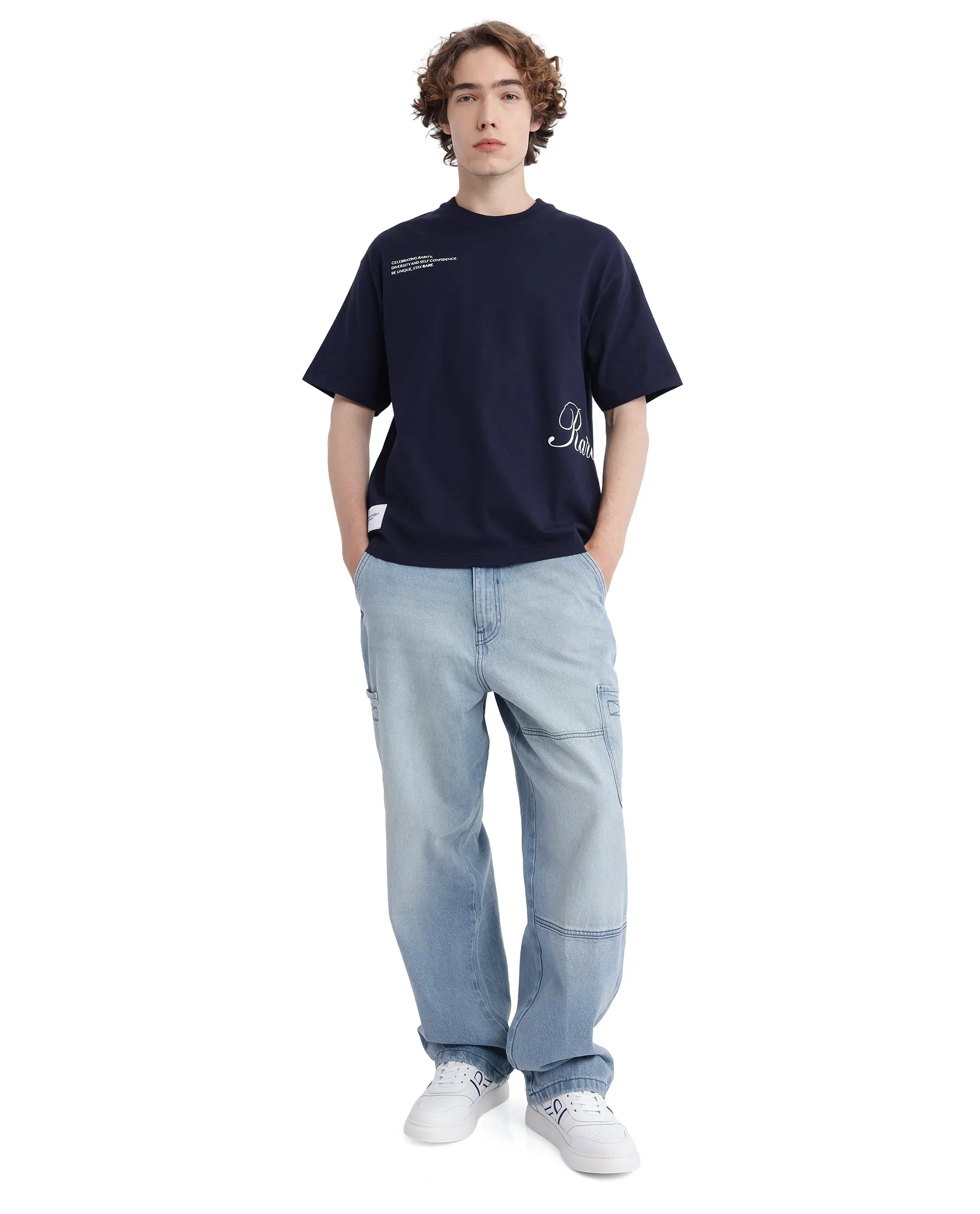 Rare Rabbit Men's Zolt Navy Cotton Typography Print Boxy Fit Half Sleeve Crew Neck T-Shirt - Image 2