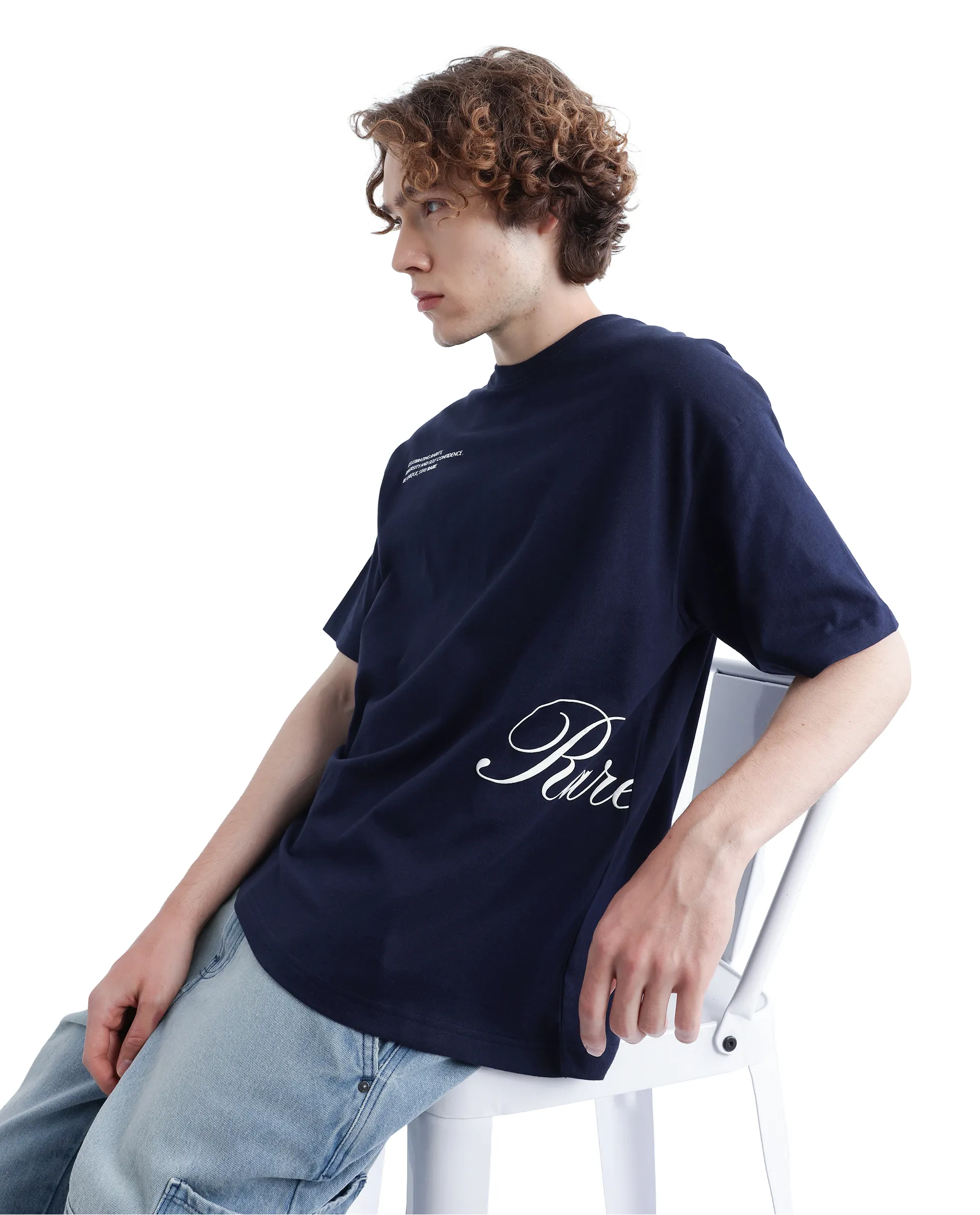 Rare Rabbit Men's Zolt Navy Cotton Typography Print Boxy Fit Half Sleeve Crew Neck T-Shirt - Image 3