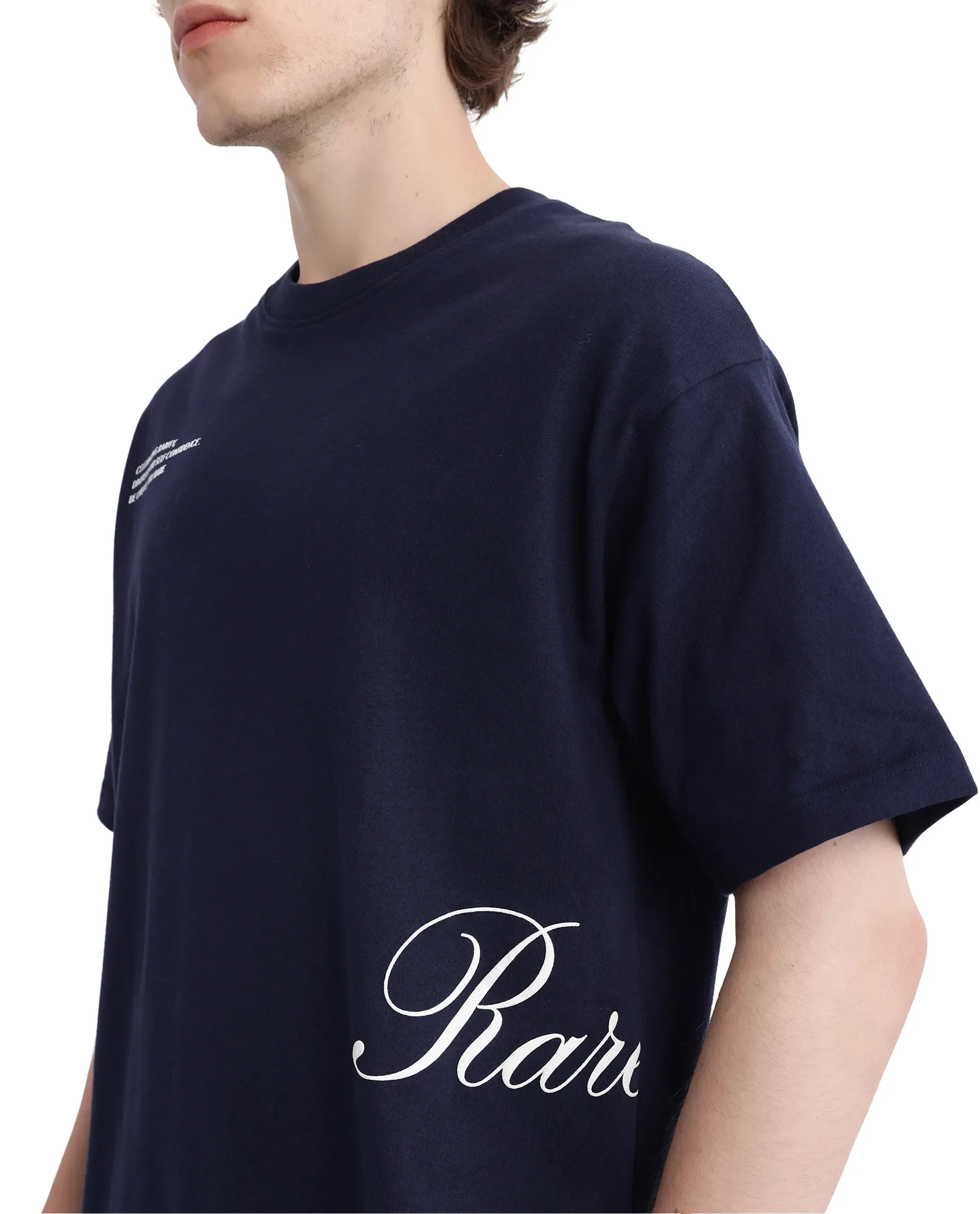 Rare Rabbit Men's Zolt Navy Cotton Typography Print Boxy Fit Half Sleeve Crew Neck T-Shirt - Image 4