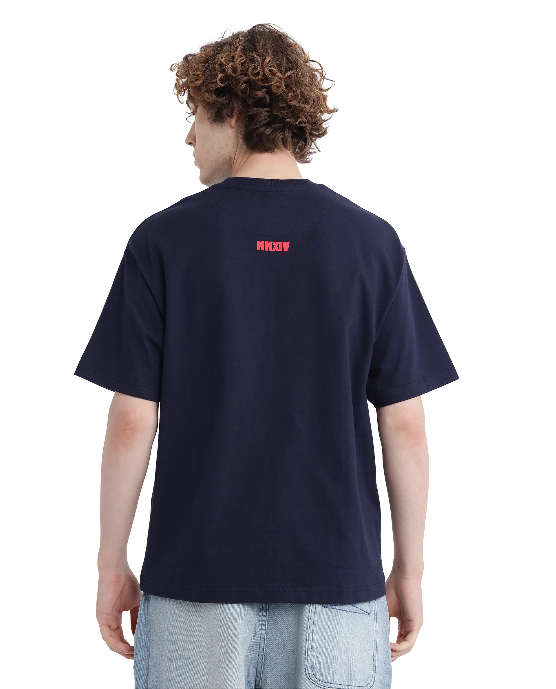 Rare Rabbit Men's Zolt Navy Cotton Typography Print Boxy Fit Half Sleeve Crew Neck T-Shirt - Image 5