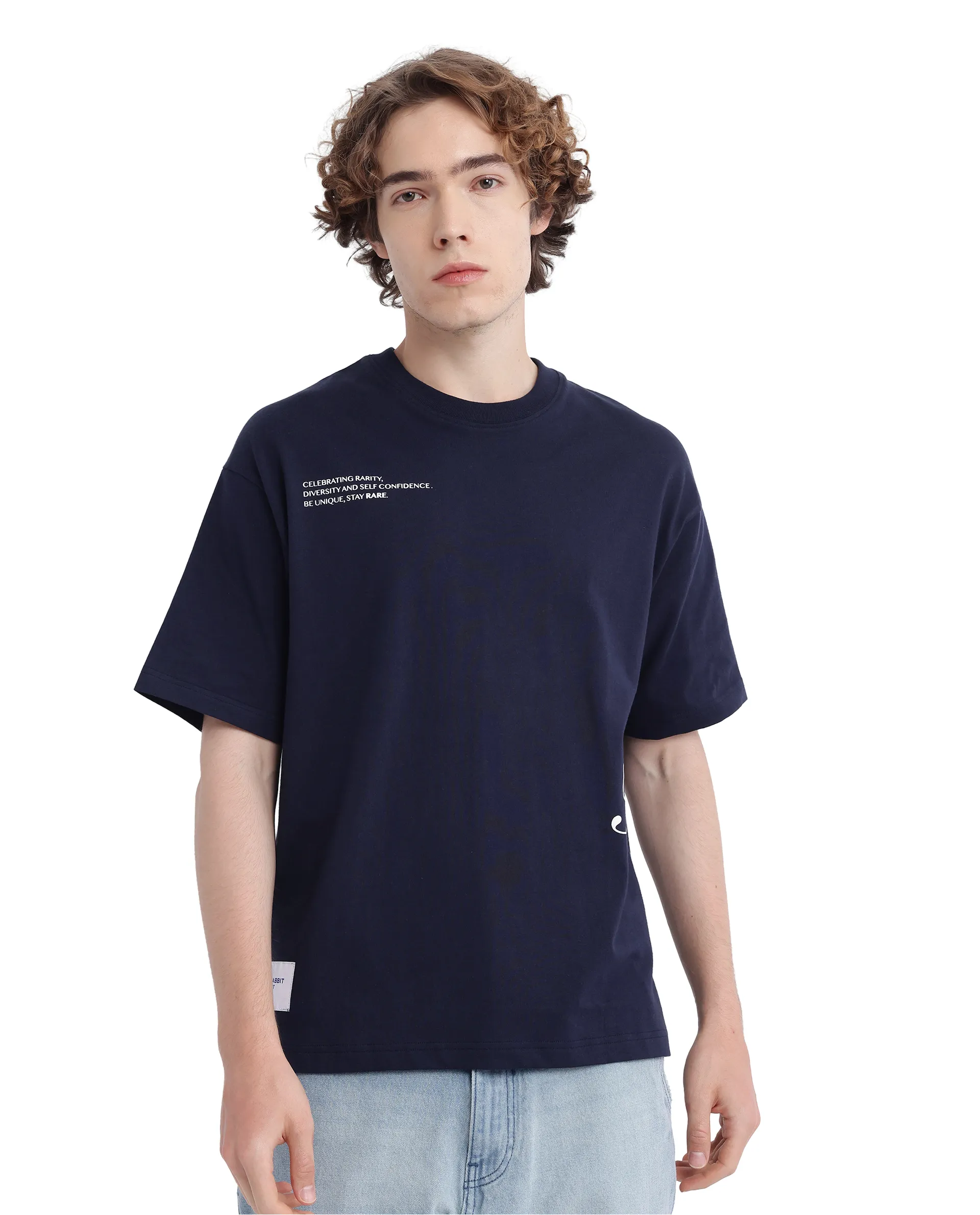 Rare Rabbit Men's Zolt Navy Cotton Typography Print Boxy Fit Half Sleeve Crew Neck T-Shirt - Image 6