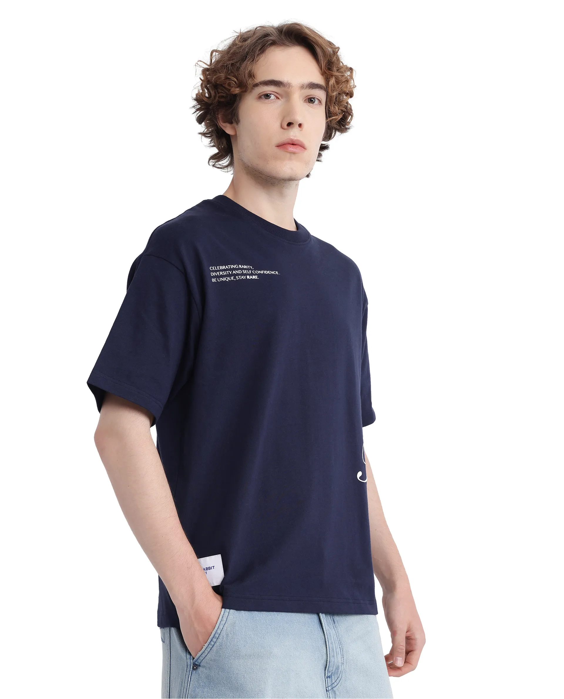 Rare Rabbit Men's Zolt Navy Cotton Typography Print Boxy Fit Half Sleeve Crew Neck T-Shirt - Image 7