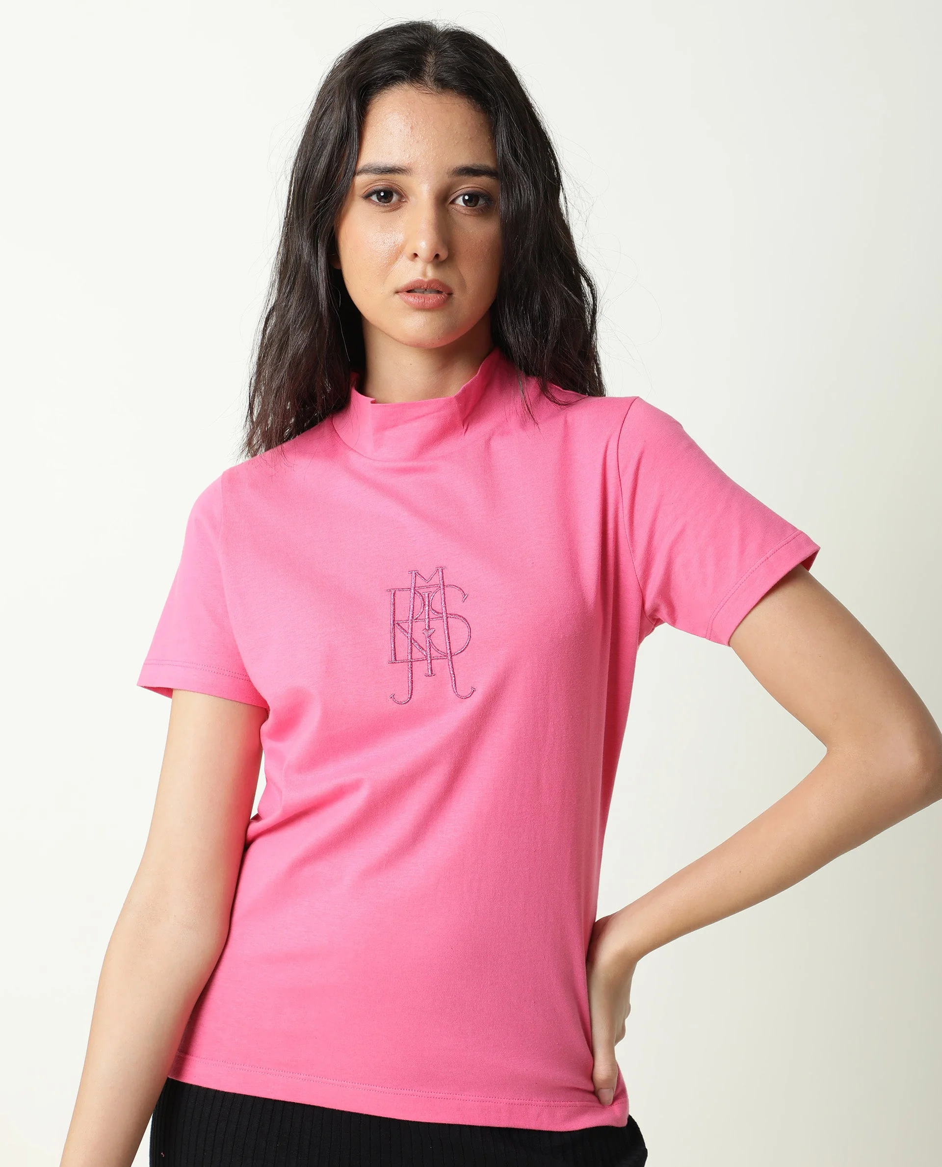 Rareism Women's Zolten Pink Cotton Crew Neck Plain Regular Fit T-Shirt - Image 7