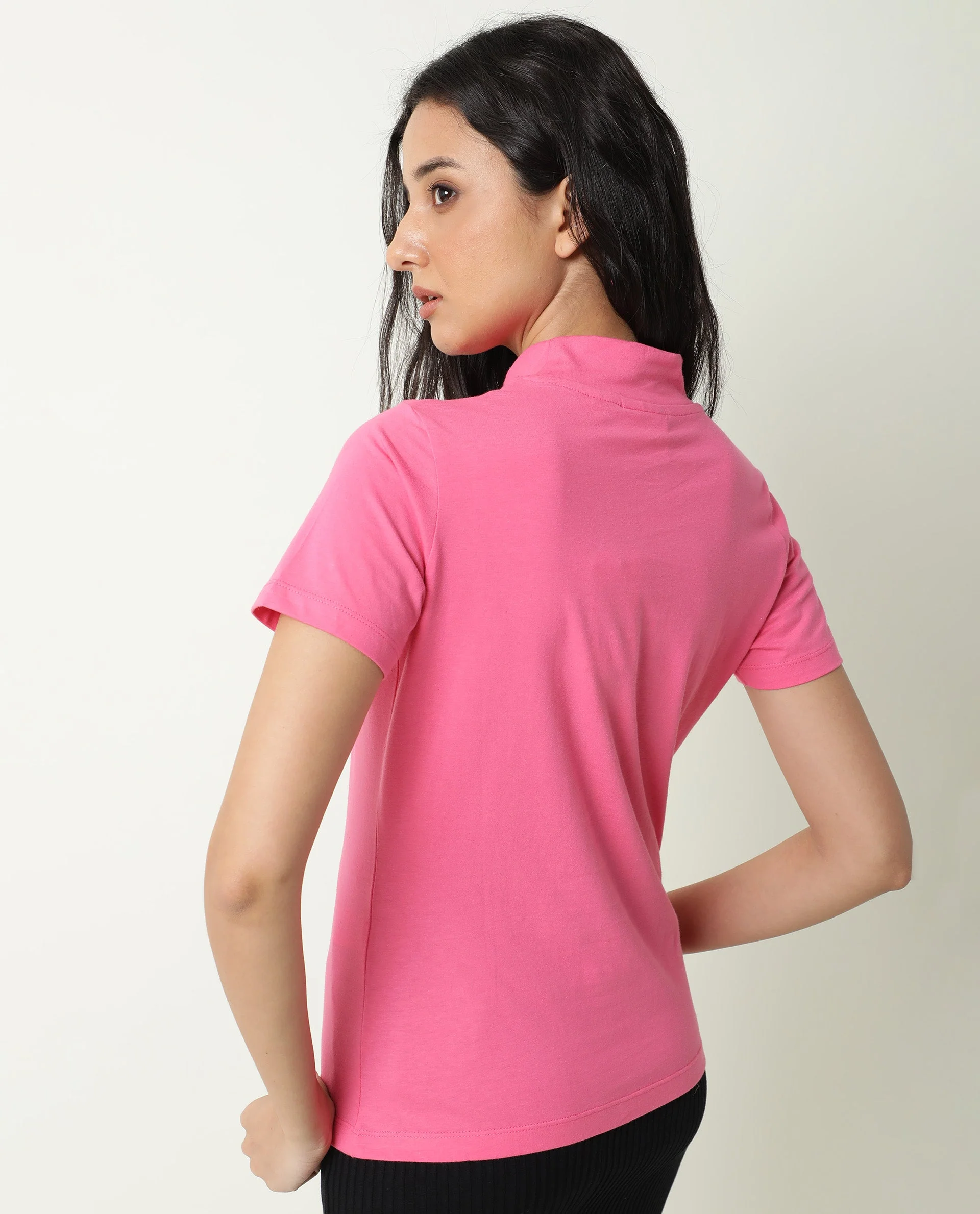 Rareism Women's Zolten Pink Cotton Crew Neck Plain Regular Fit T-Shirt - Image 9
