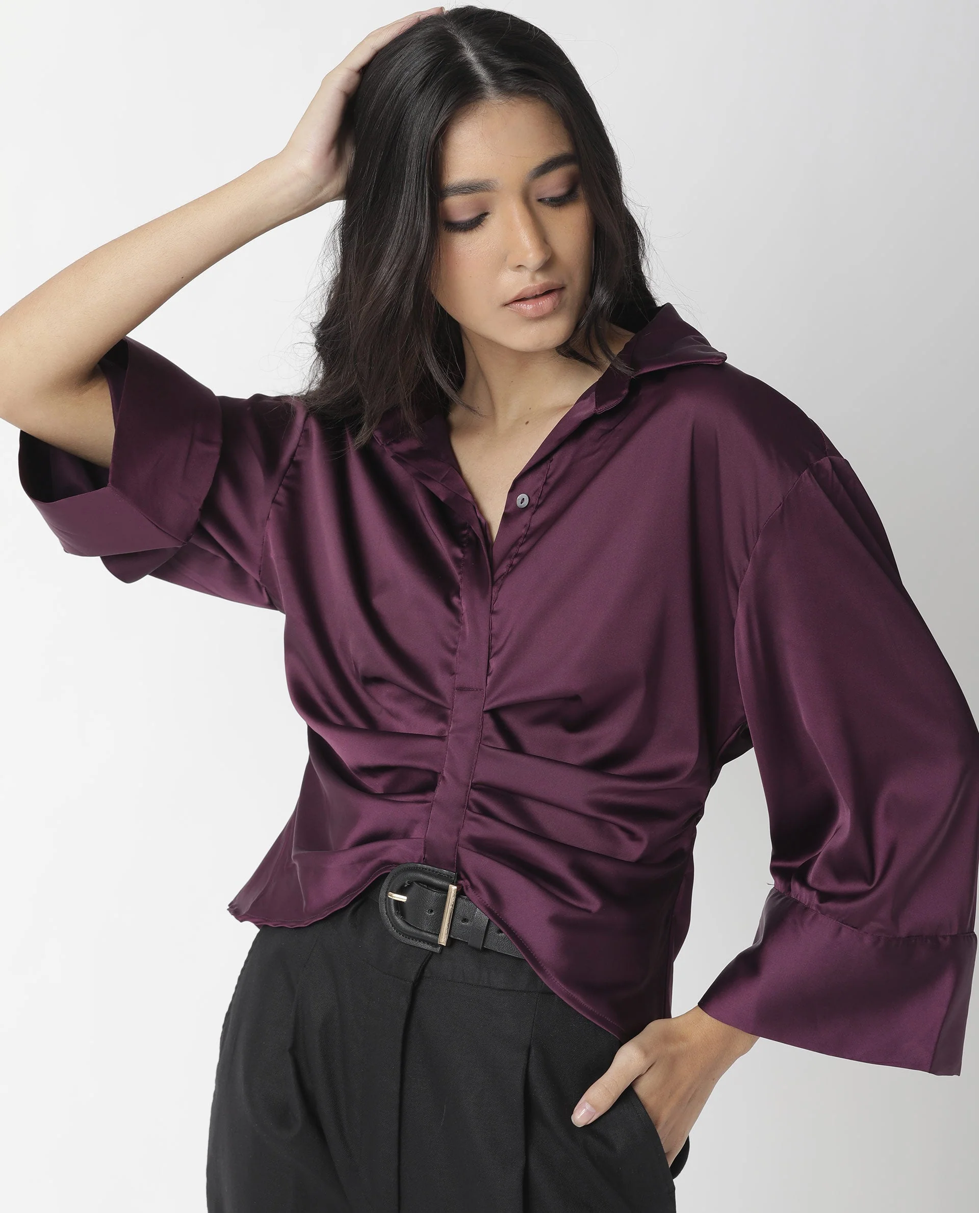 Rareism Womens Zomat Purple Top Modal Fabric Regular Fit Bell Sleeves Collared Neck