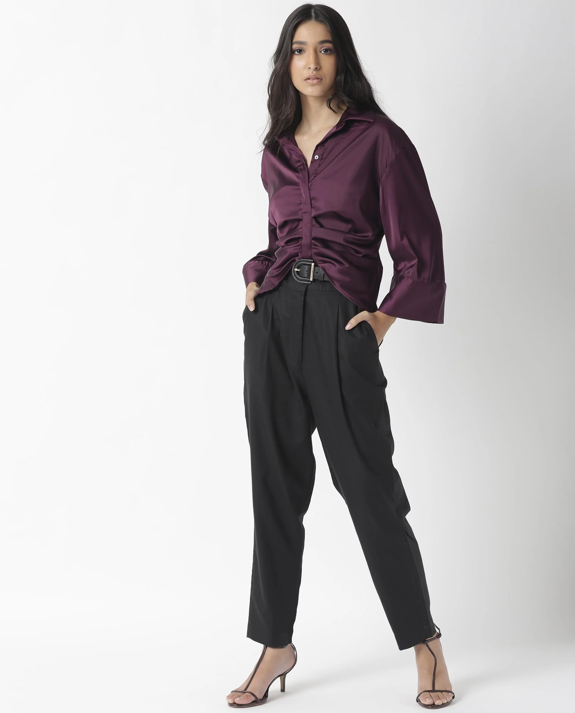 Rareism Womens Zomat Purple Top Modal Fabric Regular Fit Bell Sleeves Collared Neck - Image 11