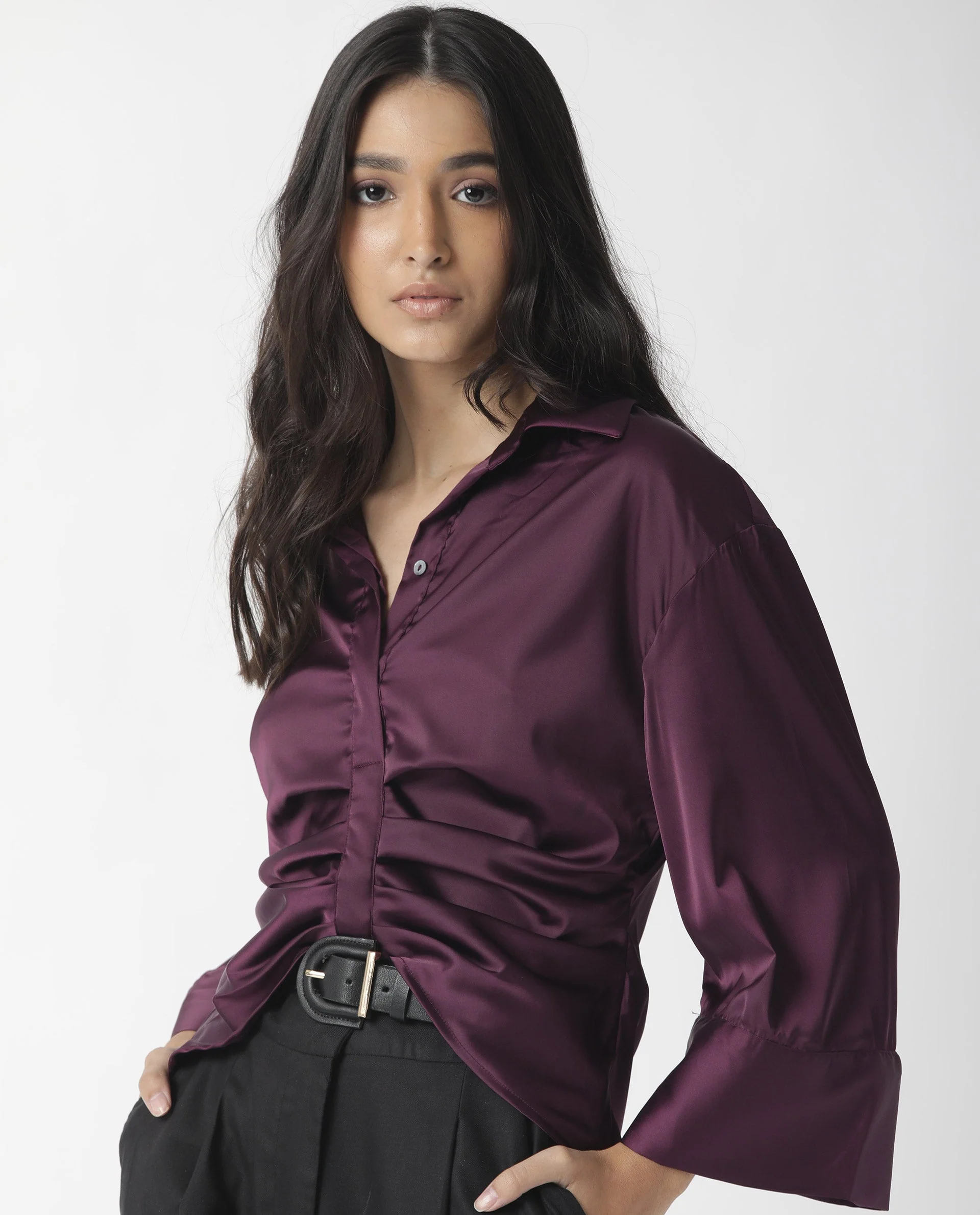 Rareism Womens Zomat Purple Top Modal Fabric Regular Fit Bell Sleeves Collared Neck - Image 12