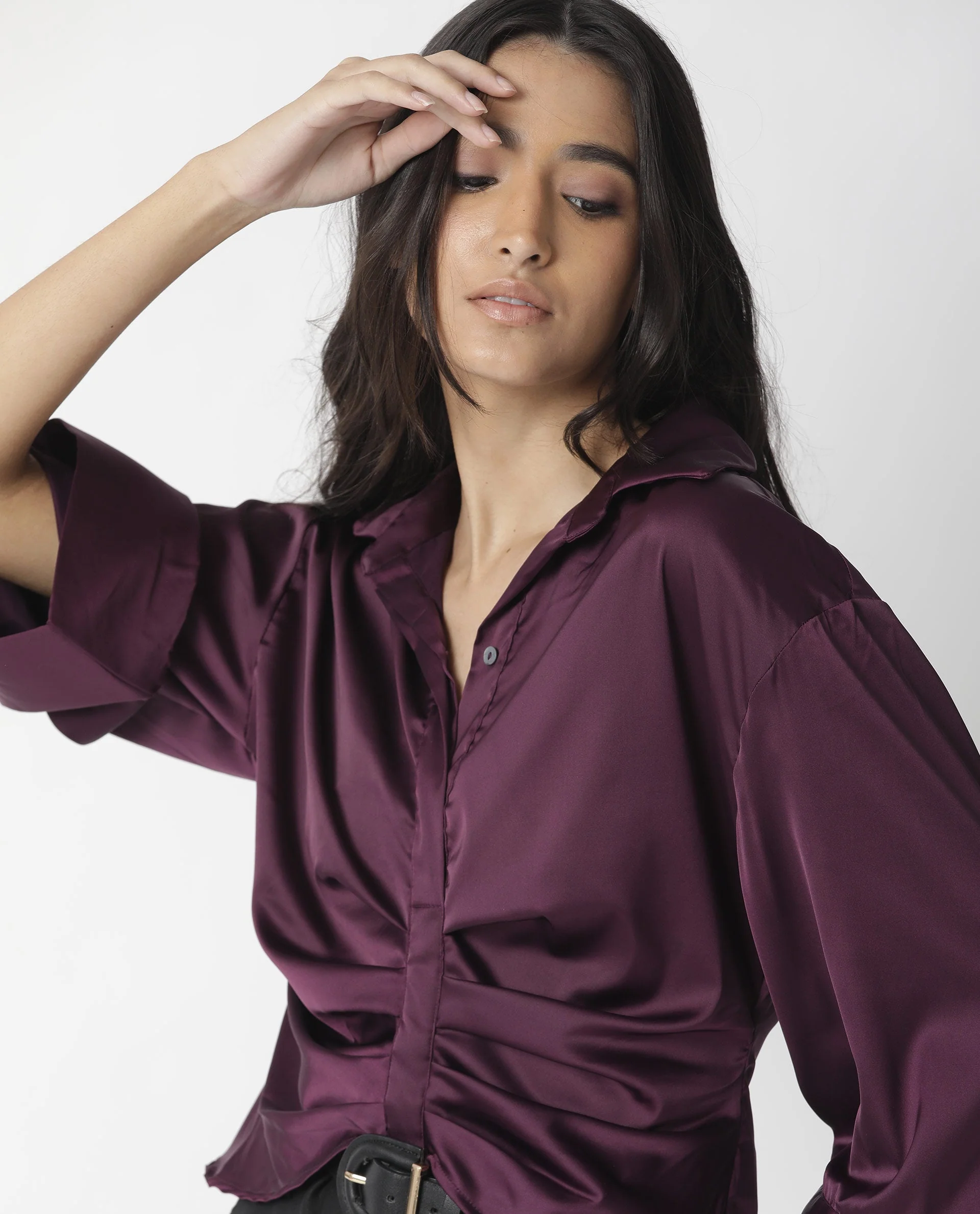 Rareism Womens Zomat Purple Top Modal Fabric Regular Fit Bell Sleeves Collared Neck - Image 2