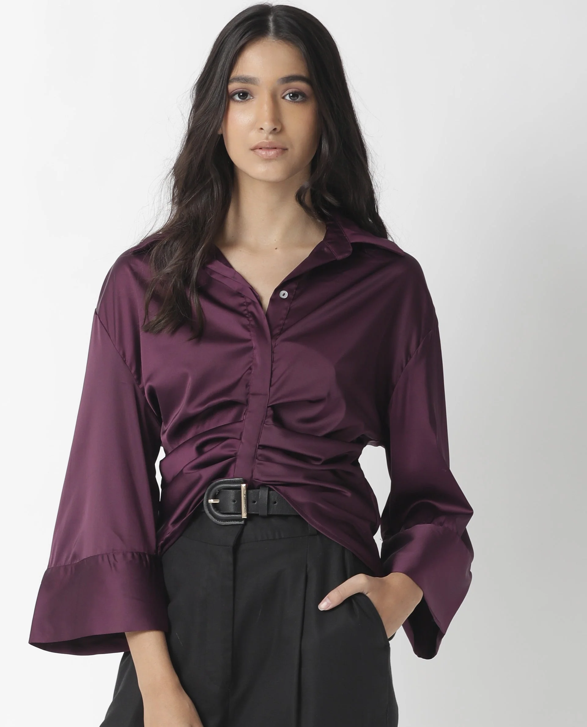 Rareism Womens Zomat Purple Top Modal Fabric Regular Fit Bell Sleeves Collared Neck - Image 6
