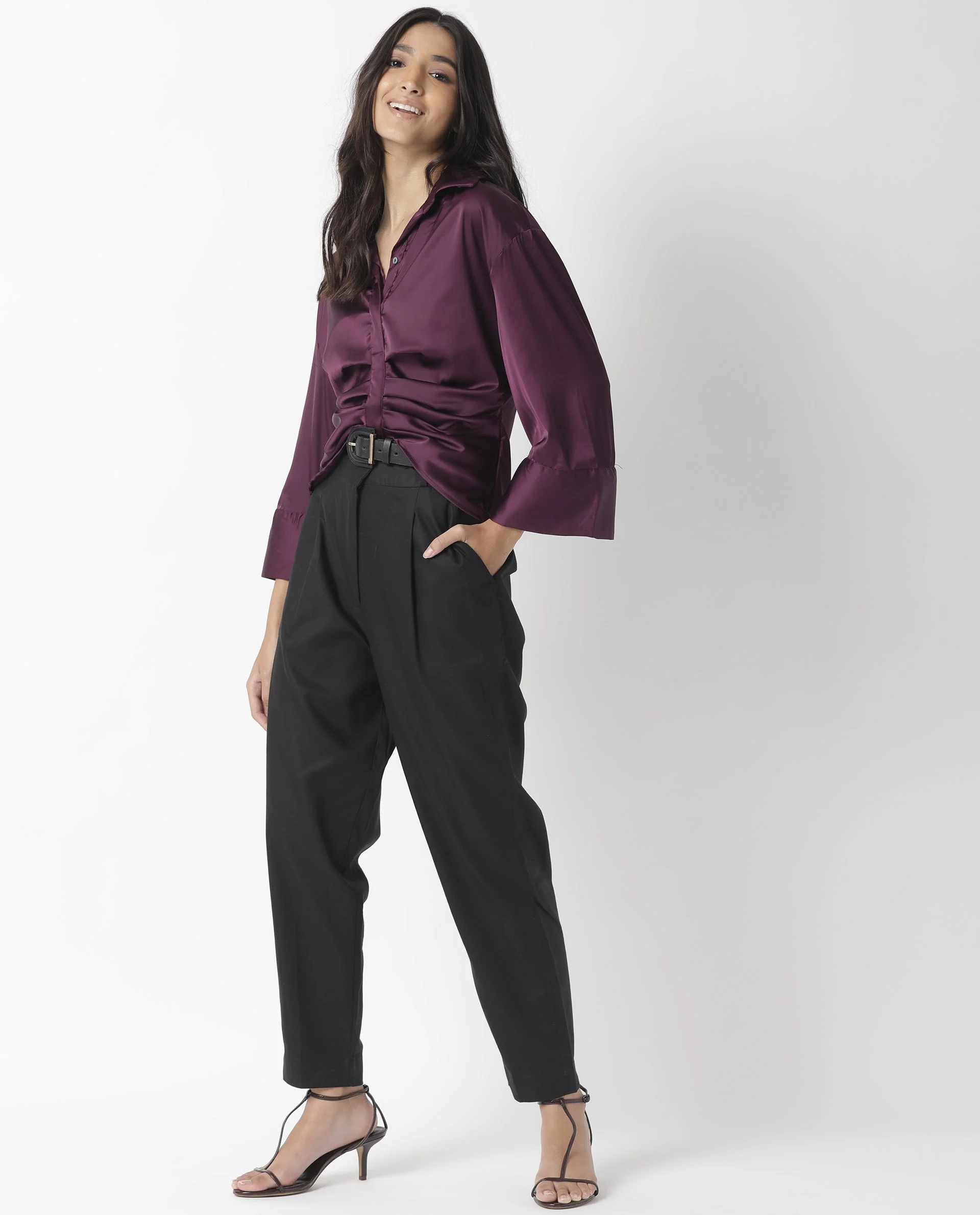 Rareism Womens Zomat Purple Top Modal Fabric Regular Fit Bell Sleeves Collared Neck - Image 7