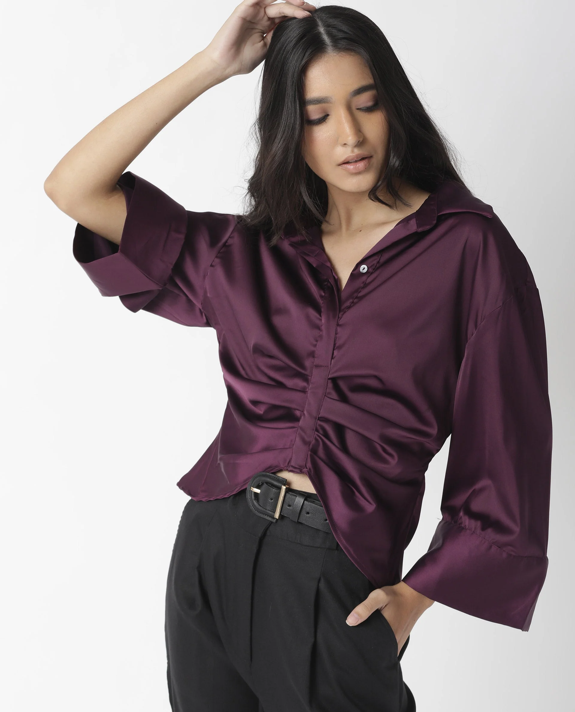 Rareism Womens Zomat Purple Top Modal Fabric Regular Fit Bell Sleeves Collared Neck - Image 8