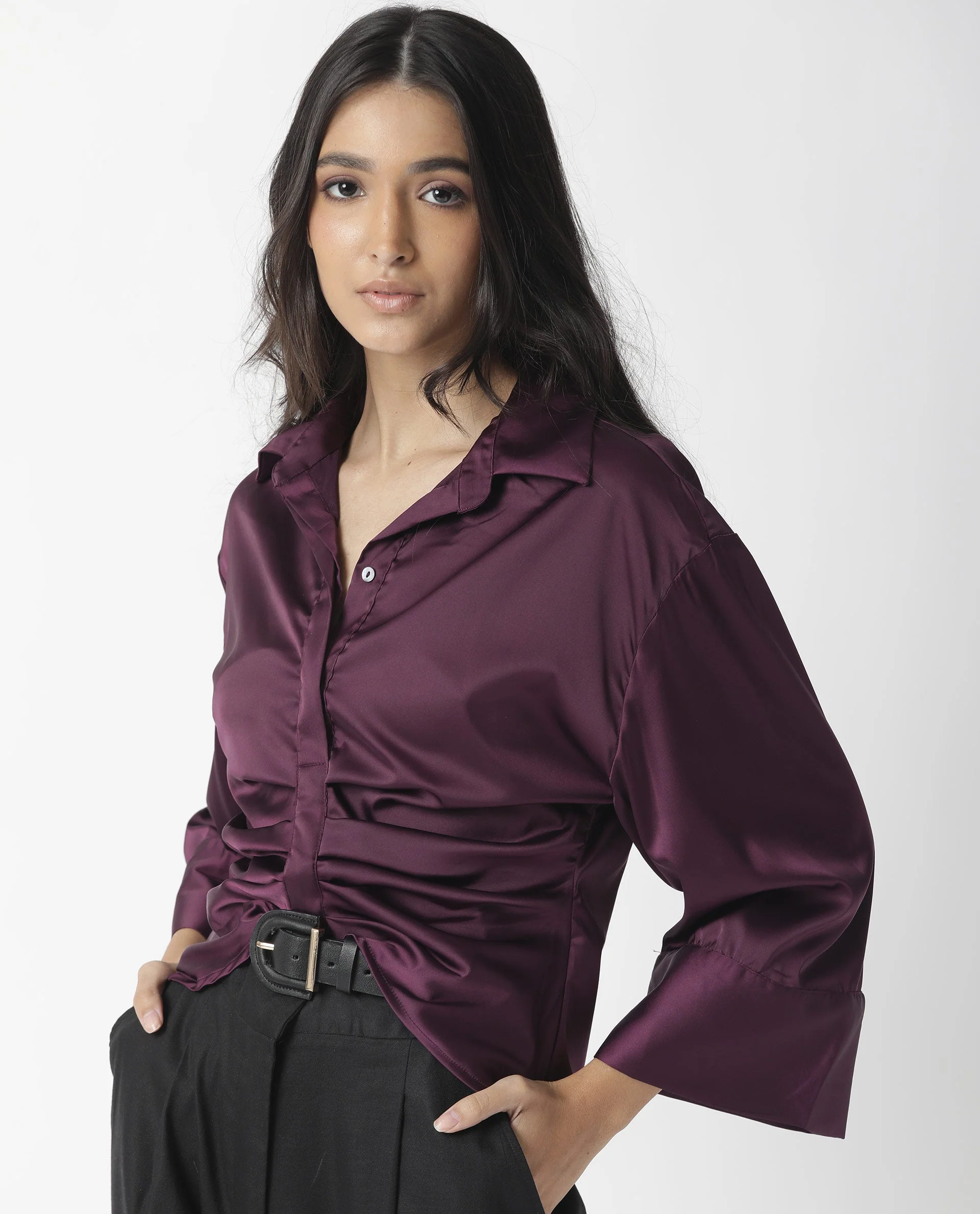 Rareism Womens Zomat Purple Top Modal Fabric Regular Fit Bell Sleeves Collared Neck - Image 9
