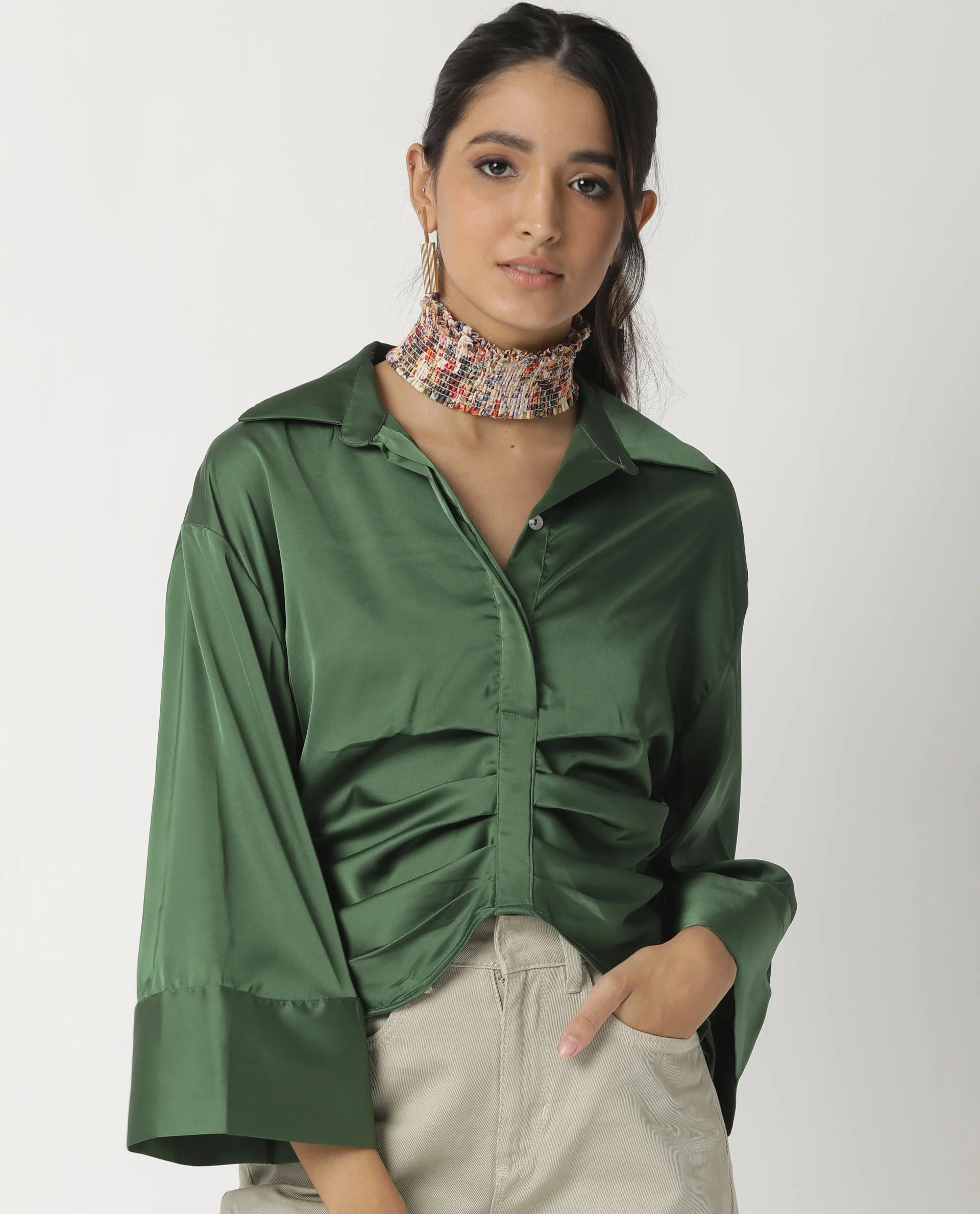 Rareism Womens Zomat Green Top Modal Fabric Regular Fit Bell Sleeves Collared Neck - Image 10