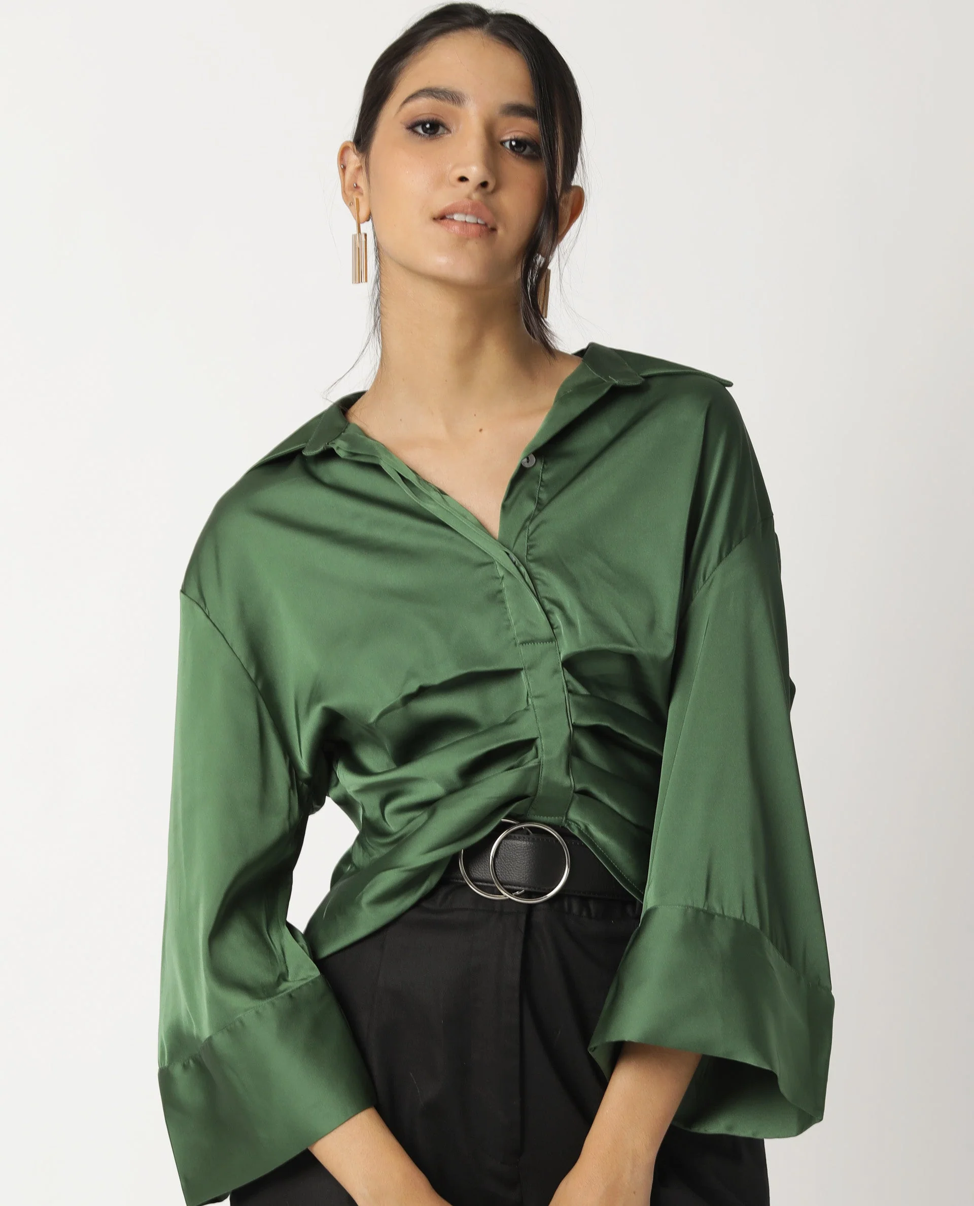 Rareism Womens Zomat Green Top Modal Fabric Regular Fit Bell Sleeves Collared Neck - Image 11