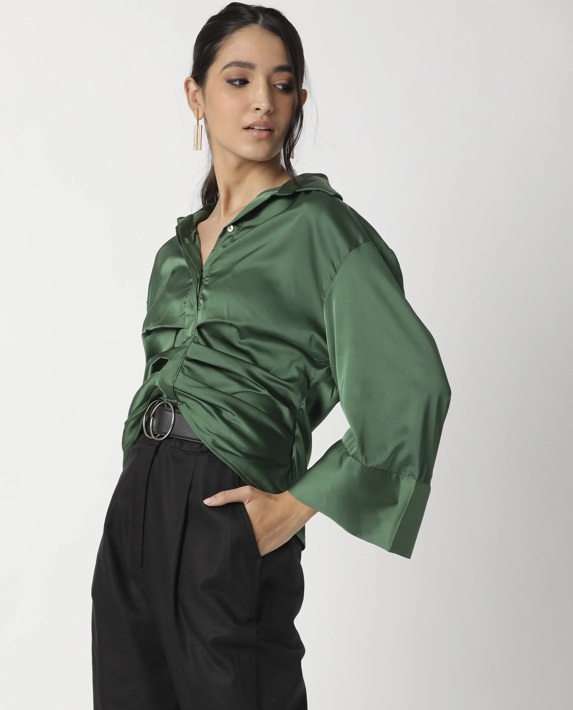 Rareism Womens Zomat Green Top Modal Fabric Regular Fit Bell Sleeves Collared Neck - Image 12