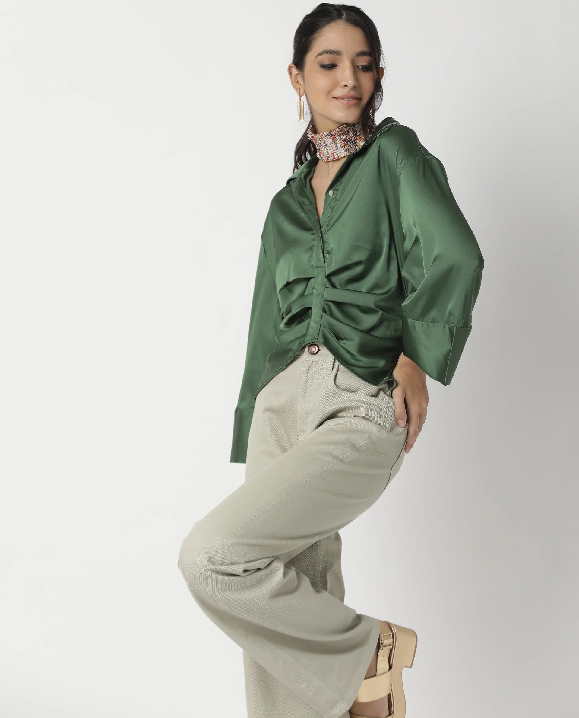 Rareism Womens Zomat Green Top Modal Fabric Regular Fit Bell Sleeves Collared Neck - Image 13