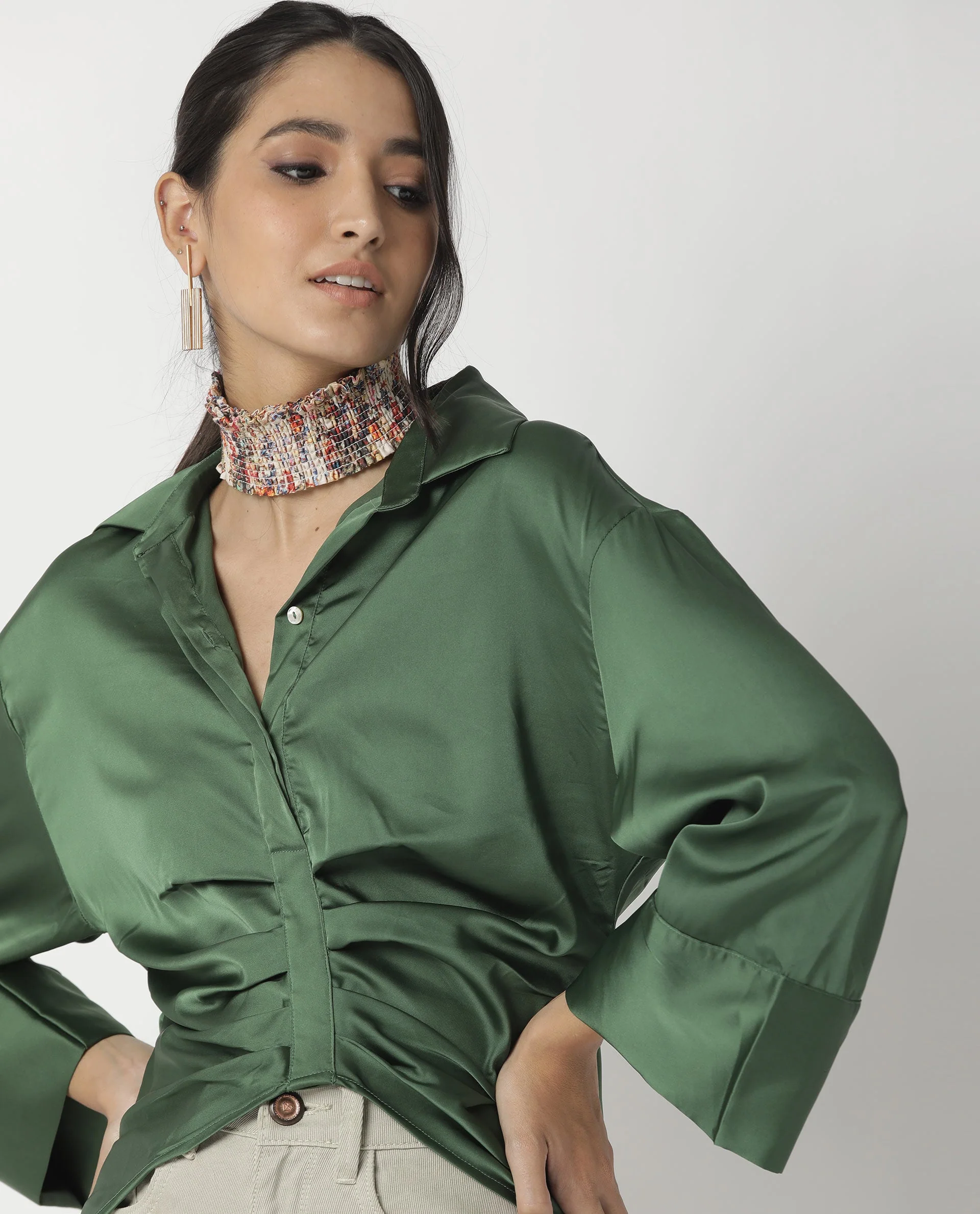 Rareism Womens Zomat Green Top Modal Fabric Regular Fit Bell Sleeves Collared Neck - Image 14