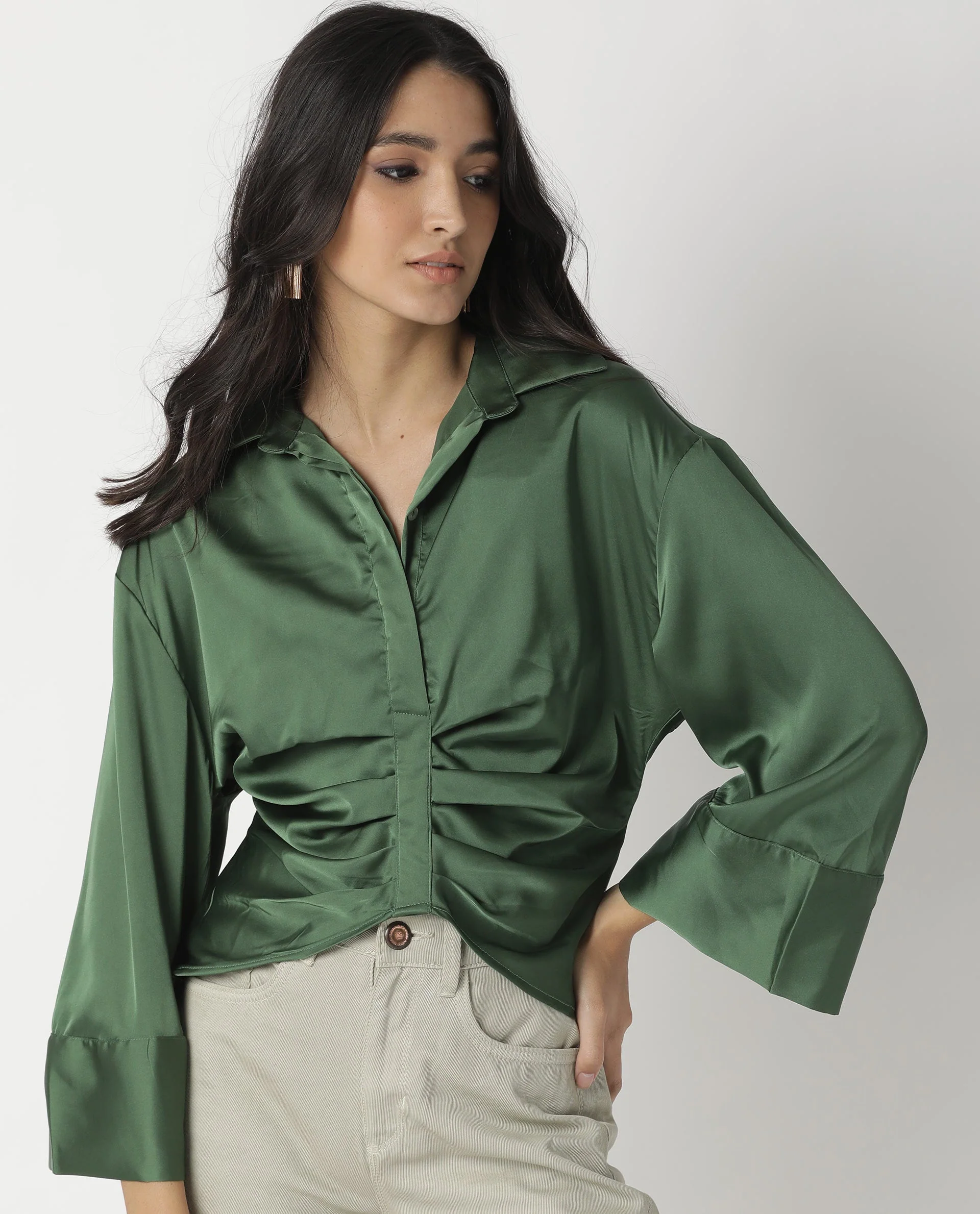 Rareism Womens Zomat Green Top Modal Fabric Regular Fit Bell Sleeves Collared Neck - Image 15
