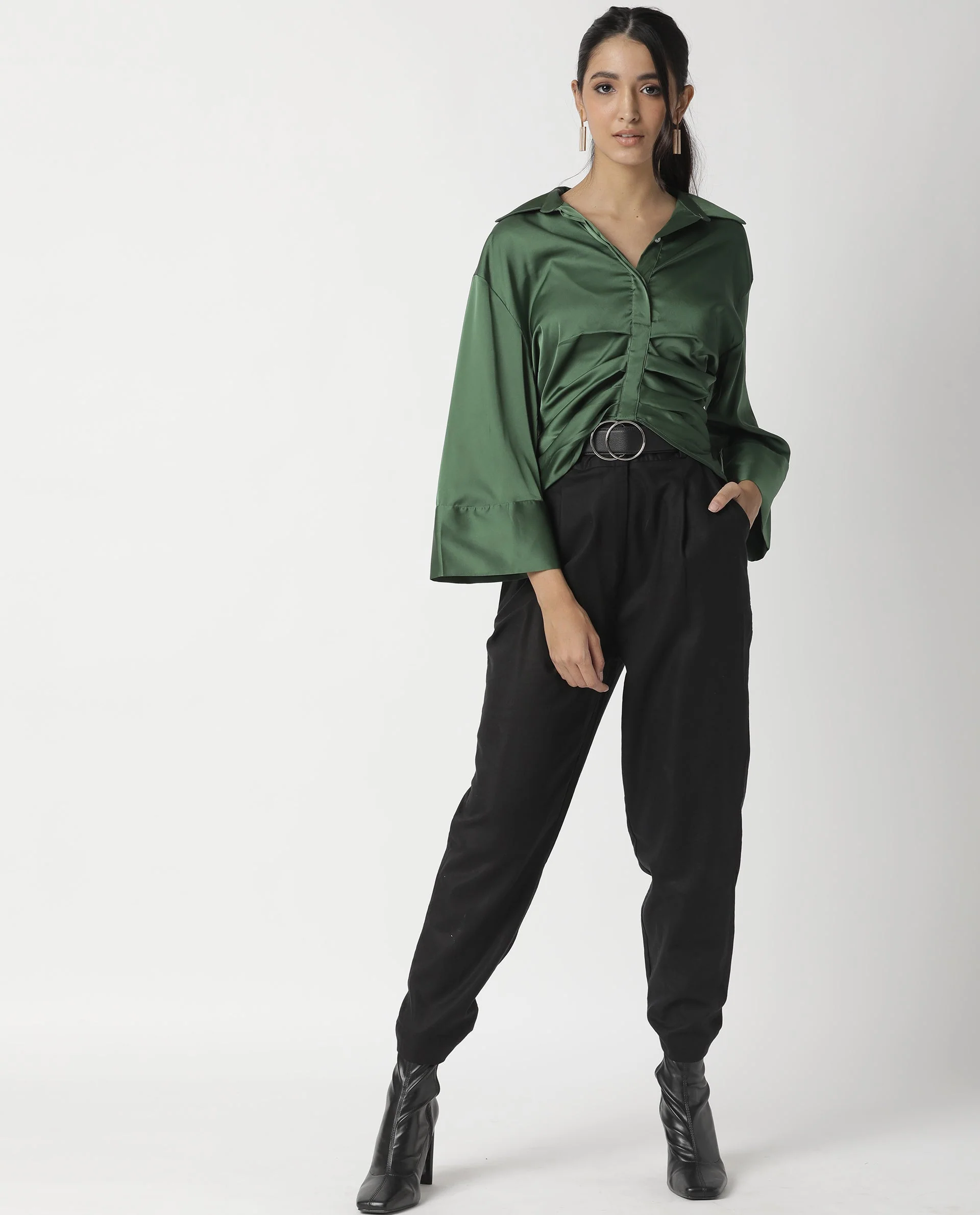 Rareism Womens Zomat Green Top Modal Fabric Regular Fit Bell Sleeves Collared Neck - Image 16