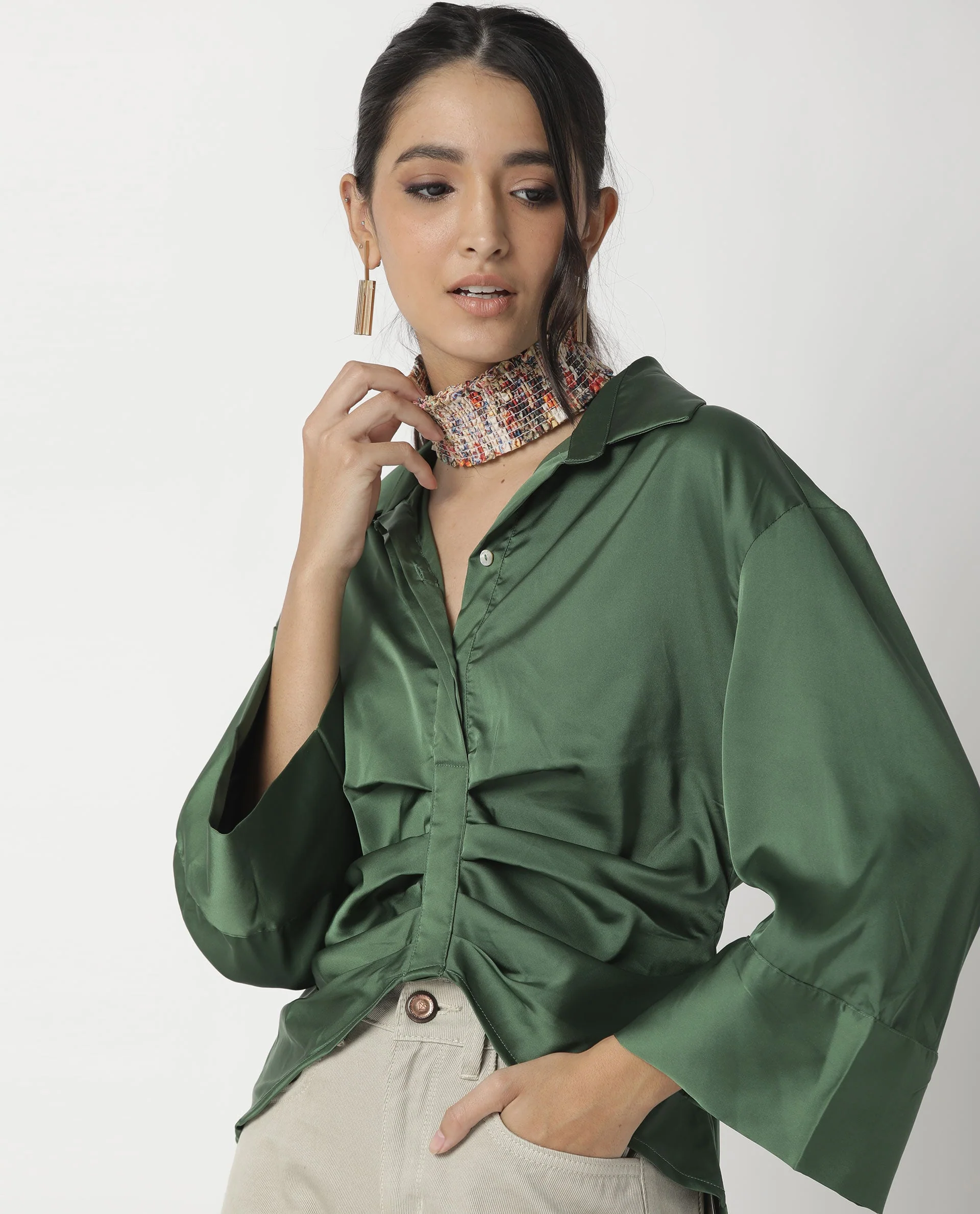 Rareism Womens Zomat Green Top Modal Fabric Regular Fit Bell Sleeves Collared Neck - Image 17