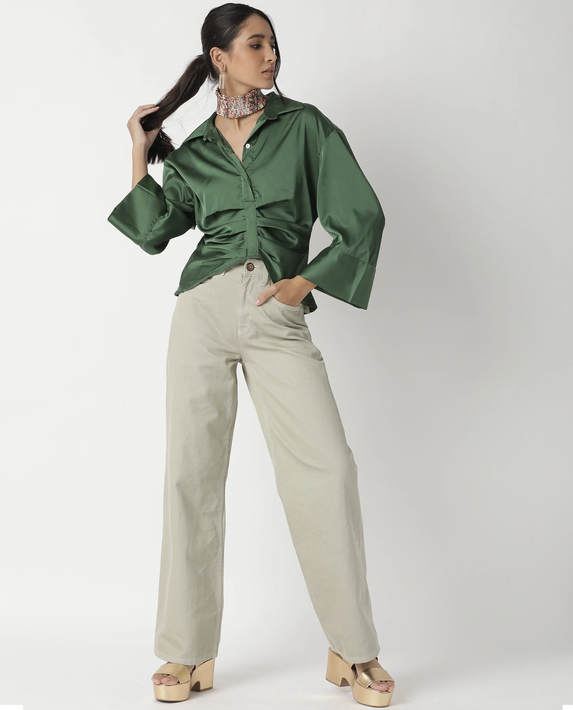 Rareism Womens Zomat Green Top Modal Fabric Regular Fit Bell Sleeves Collared Neck - Image 2