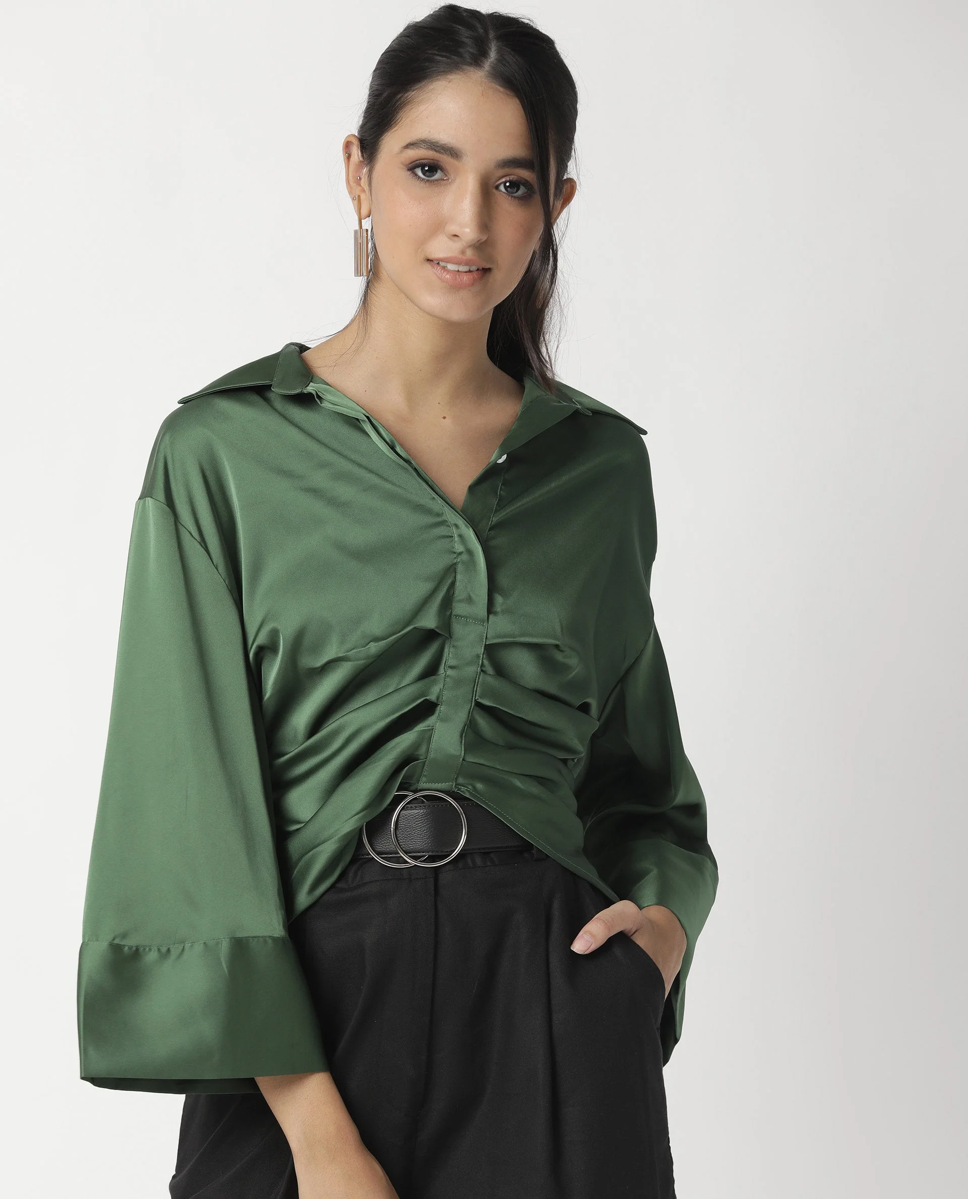 Rareism Womens Zomat Green Top Modal Fabric Regular Fit Bell Sleeves Collared Neck - Image 3