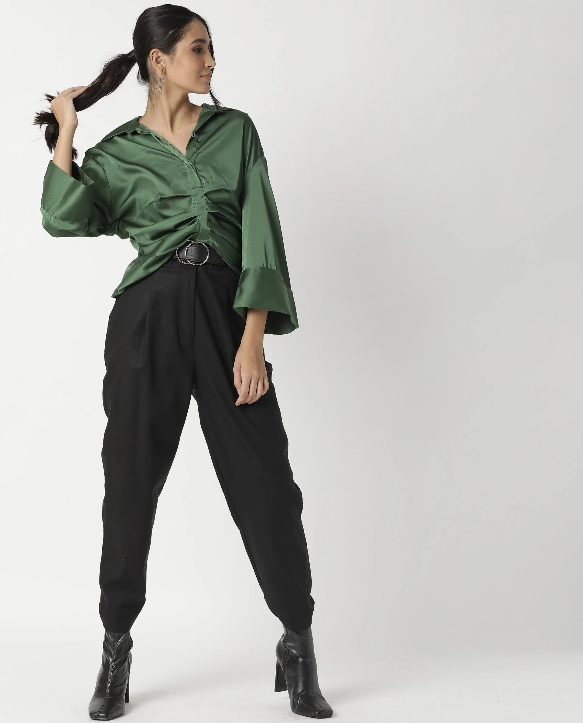 Rareism Womens Zomat Green Top Modal Fabric Regular Fit Bell Sleeves Collared Neck - Image 4