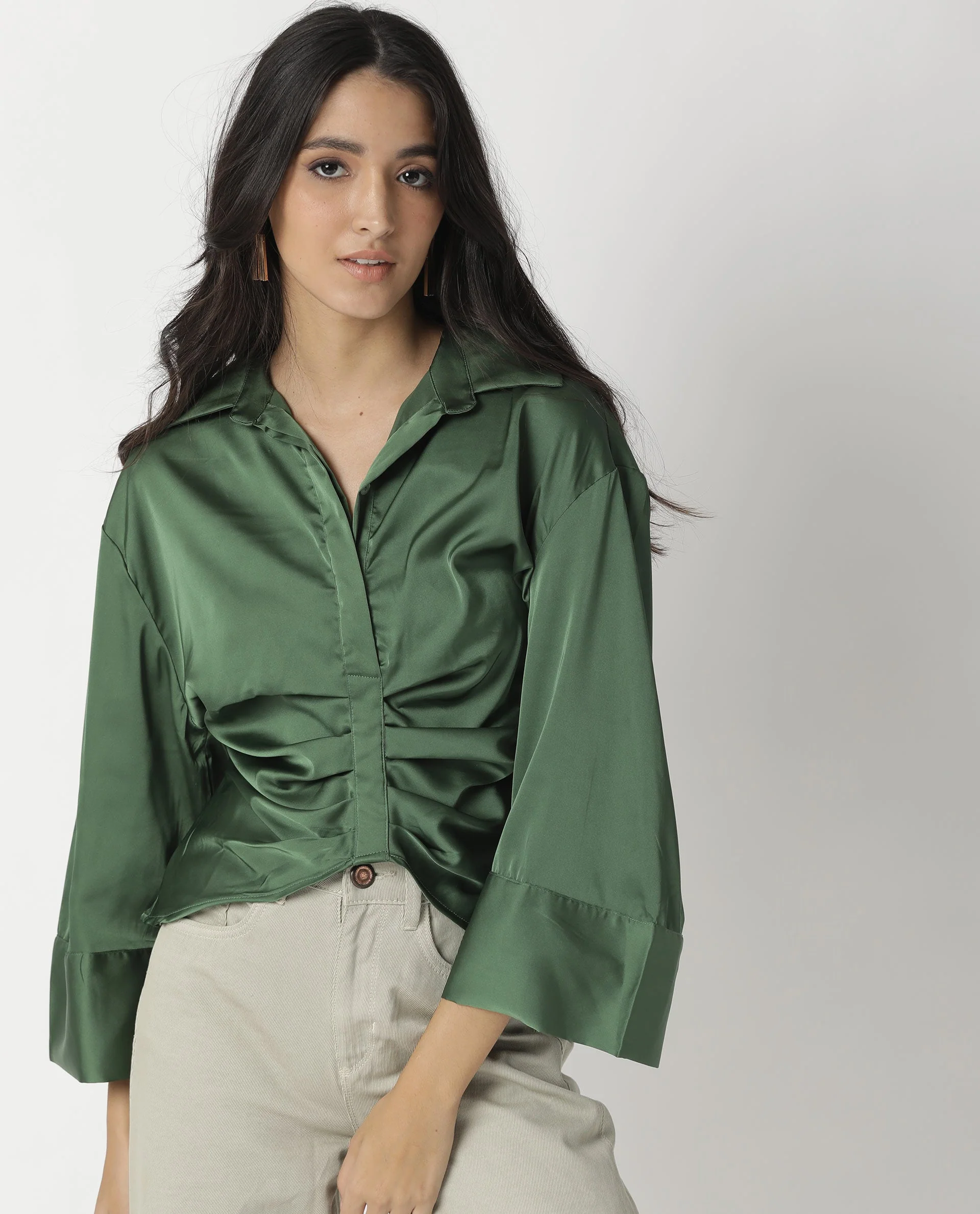 Rareism Womens Zomat Green Top Modal Fabric Regular Fit Bell Sleeves Collared Neck - Image 5