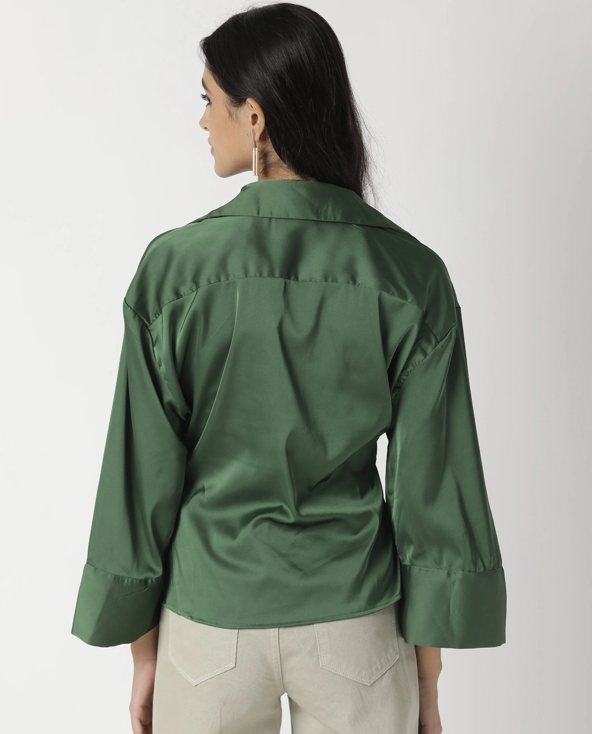 Rareism Womens Zomat Green Top Modal Fabric Regular Fit Bell Sleeves Collared Neck - Image 6
