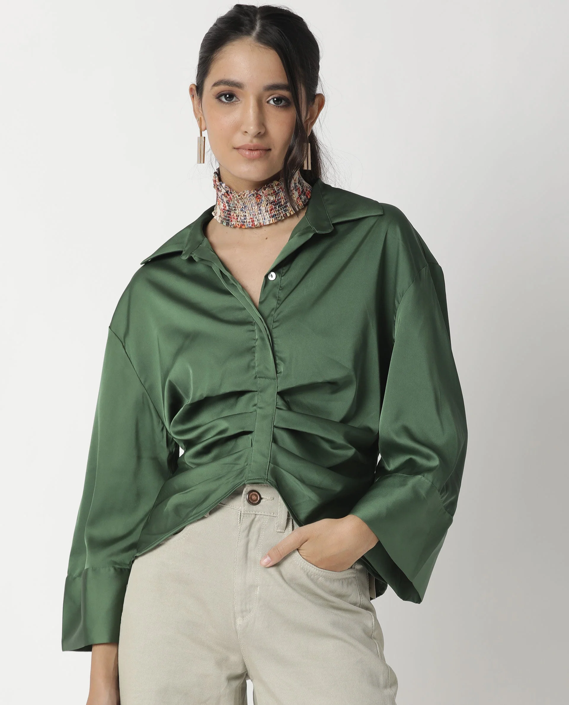 Rareism Womens Zomat Green Top Modal Fabric Regular Fit Bell Sleeves Collared Neck - Image 7