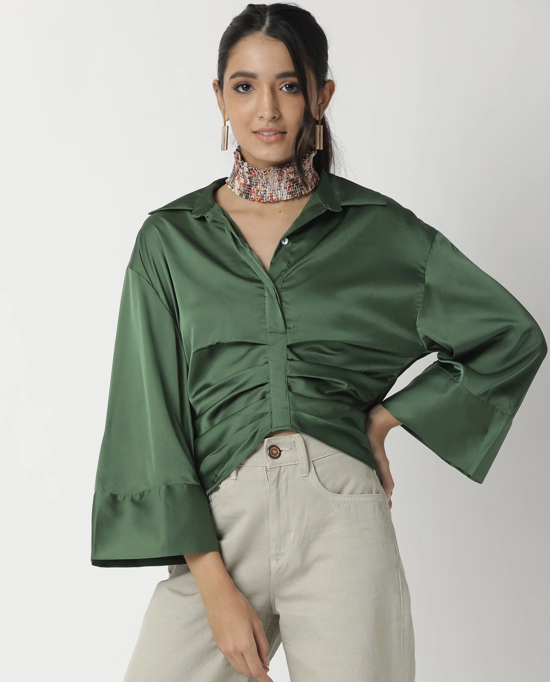 Rareism Womens Zomat Green Top Modal Fabric Regular Fit Bell Sleeves Collared Neck - Image 8