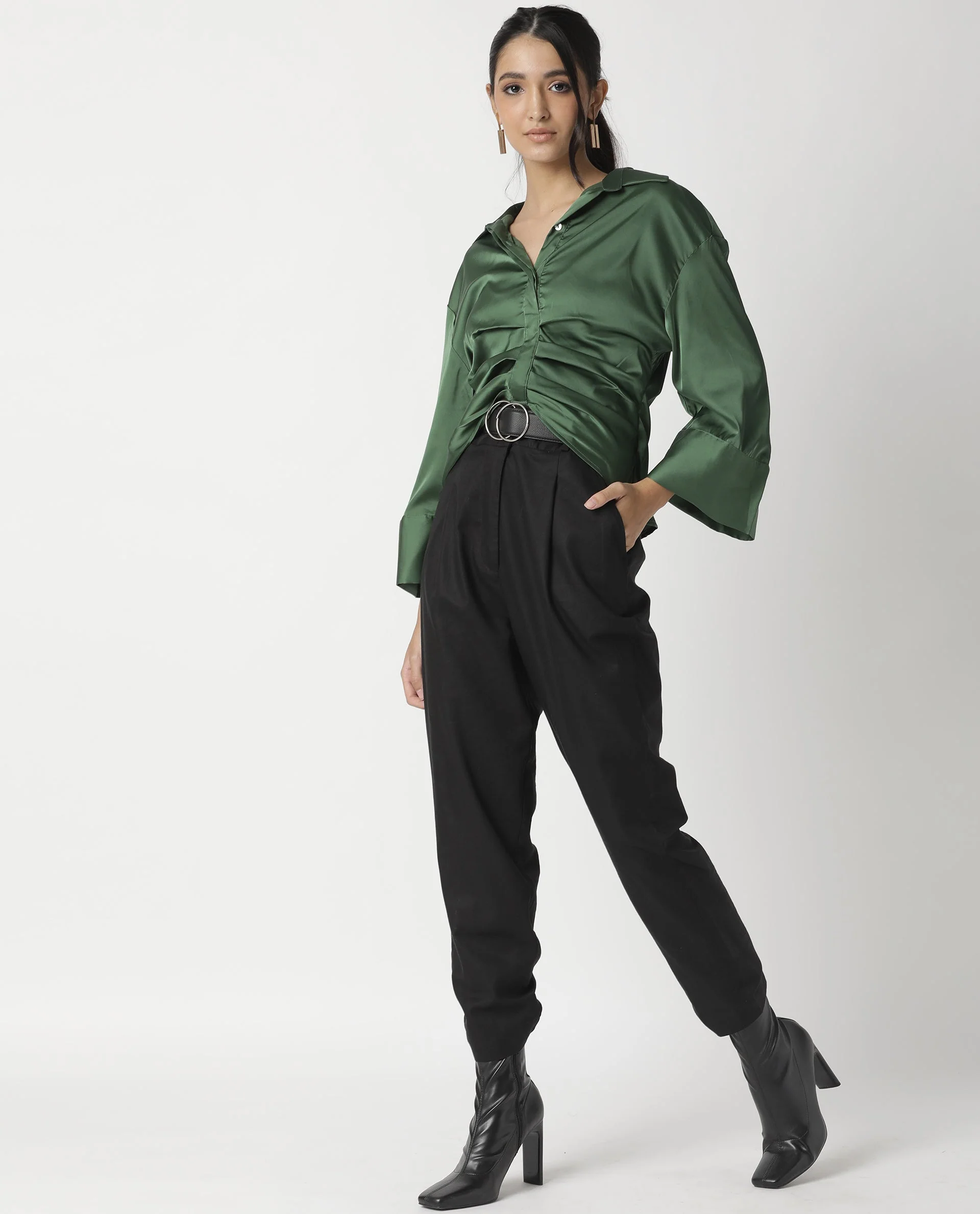 Rareism Womens Zomat Green Top Modal Fabric Regular Fit Bell Sleeves Collared Neck - Image 9