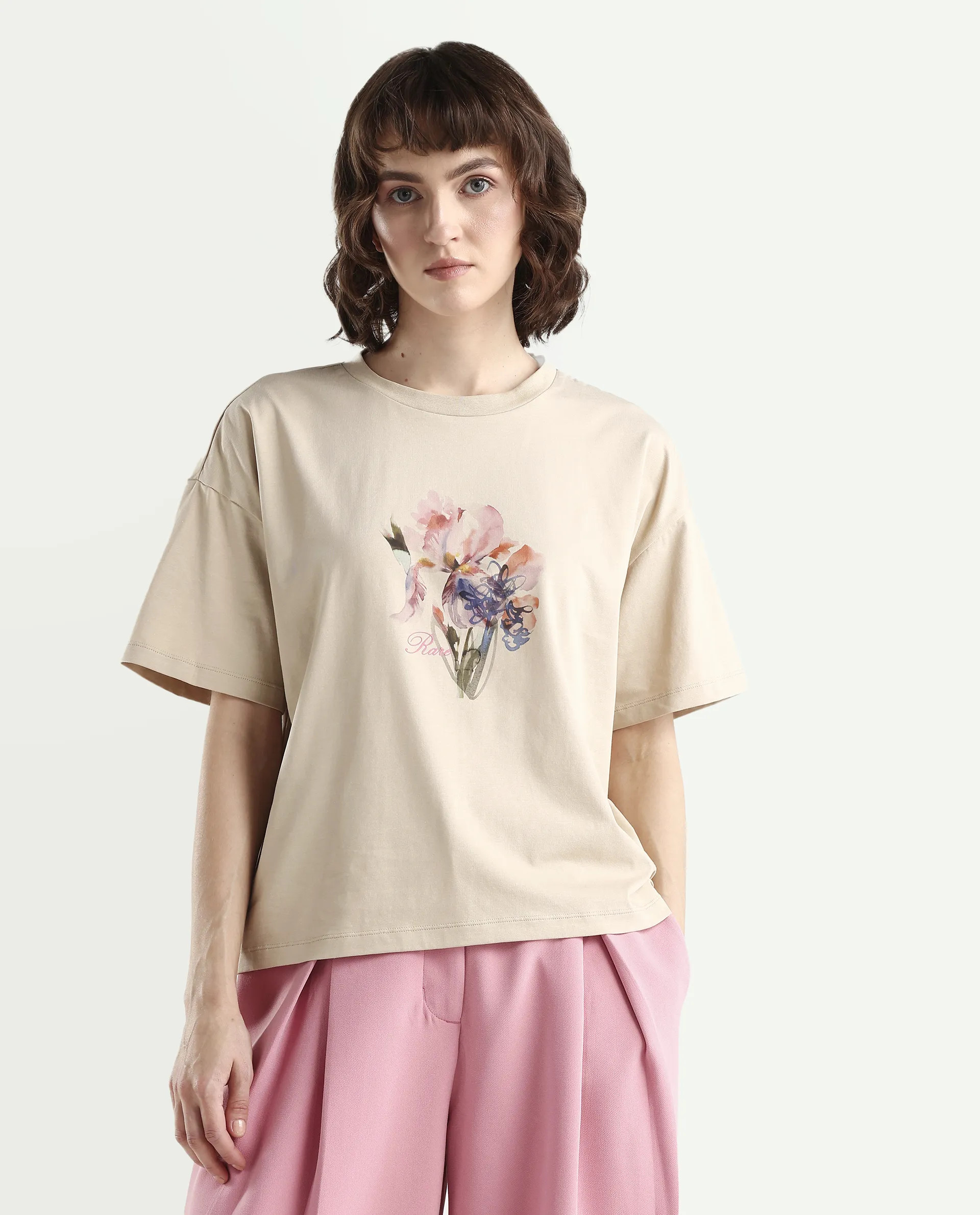 Rareism Women's Zone Beige Cotton Blend Half Sleeve Boxy Floral Print T-Shirt - Image 3