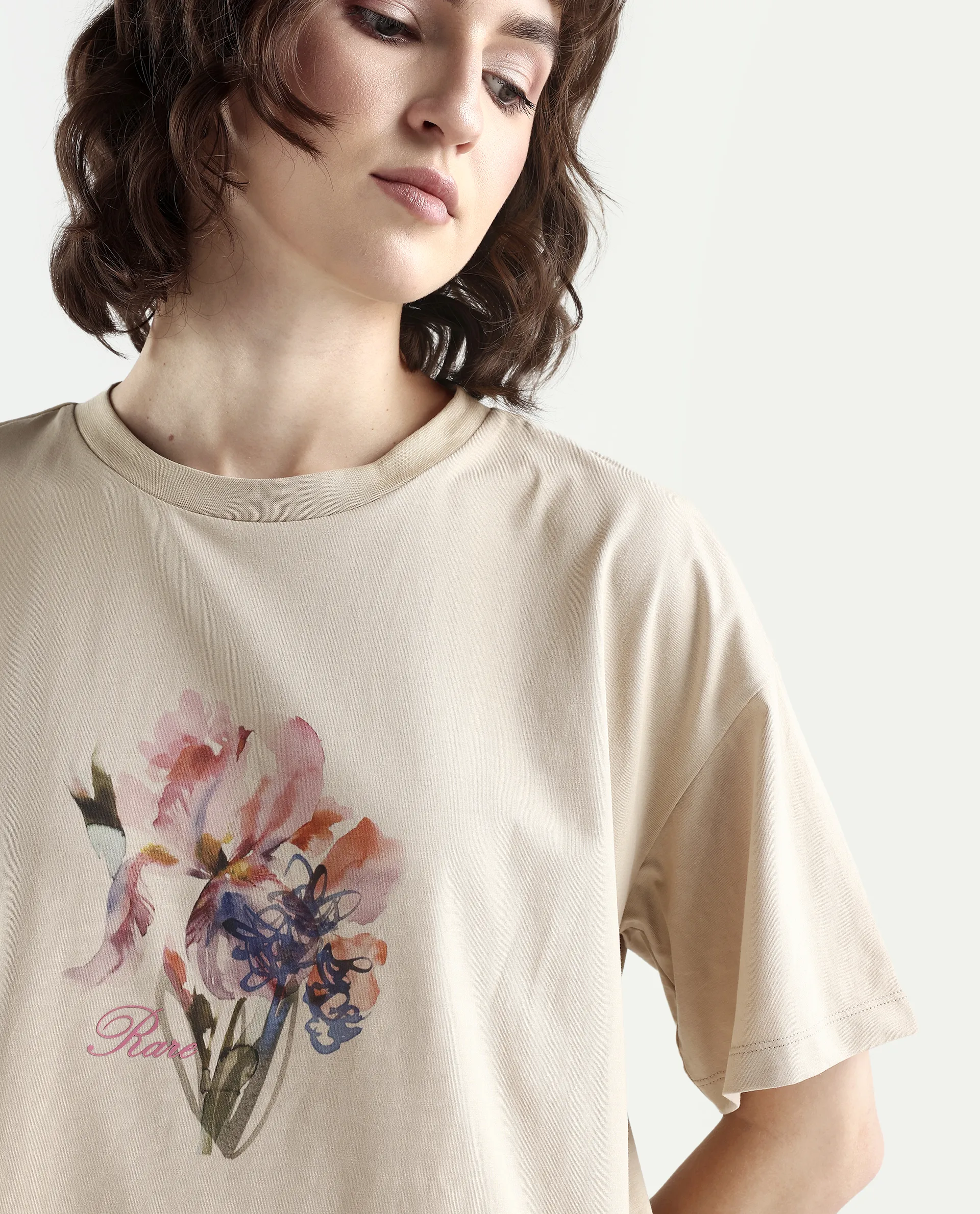 Rareism Women's Zone Beige Cotton Blend Half Sleeve Boxy Floral Print T-Shirt - Image 4