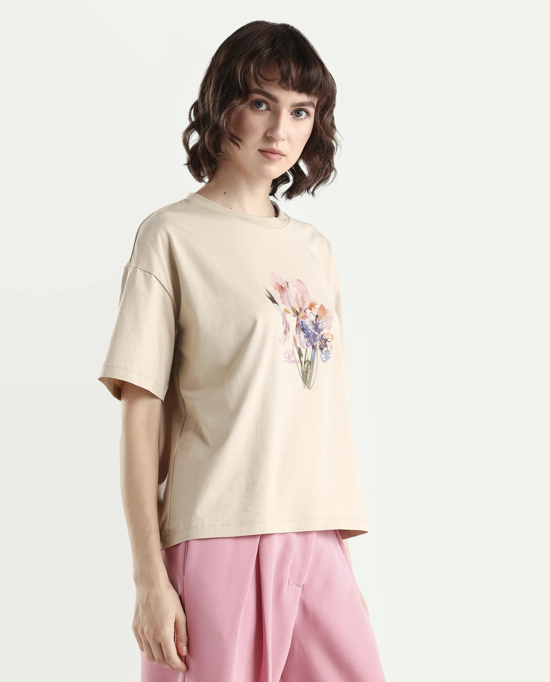 Rareism Women's Zone Beige Cotton Blend Half Sleeve Boxy Floral Print T-Shirt - Image 5