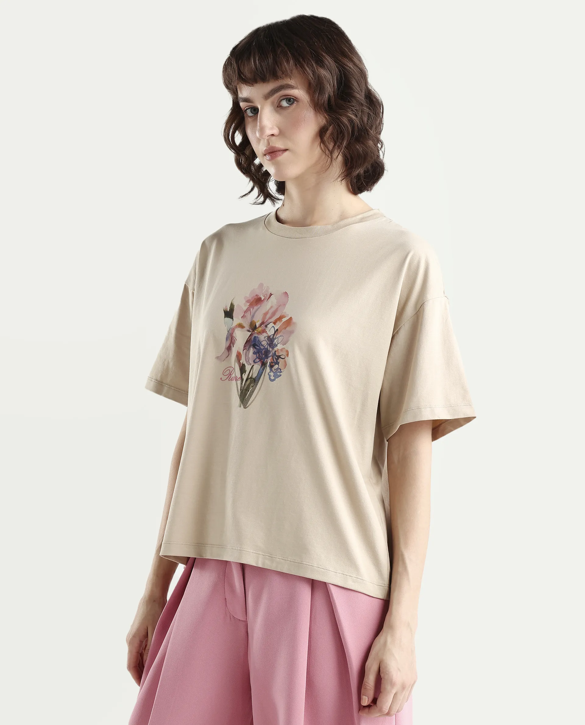Rareism Women's Zone Beige Cotton Blend Half Sleeve Boxy Floral Print T-Shirt - Image 6